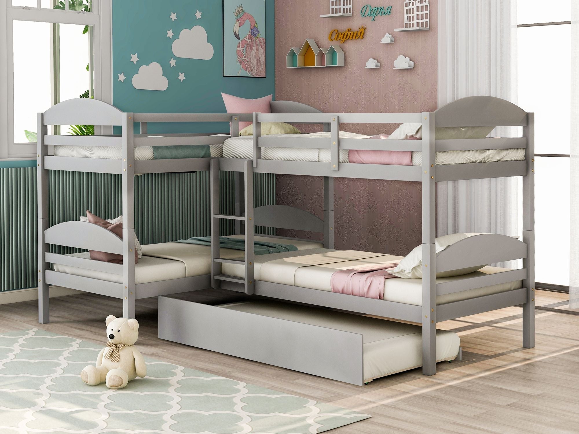 Space-Saving Twin-Over-Twin L-Shaped Wood Bunk Bed with Trundle and Gray Finish | Just Better Bunk Beds