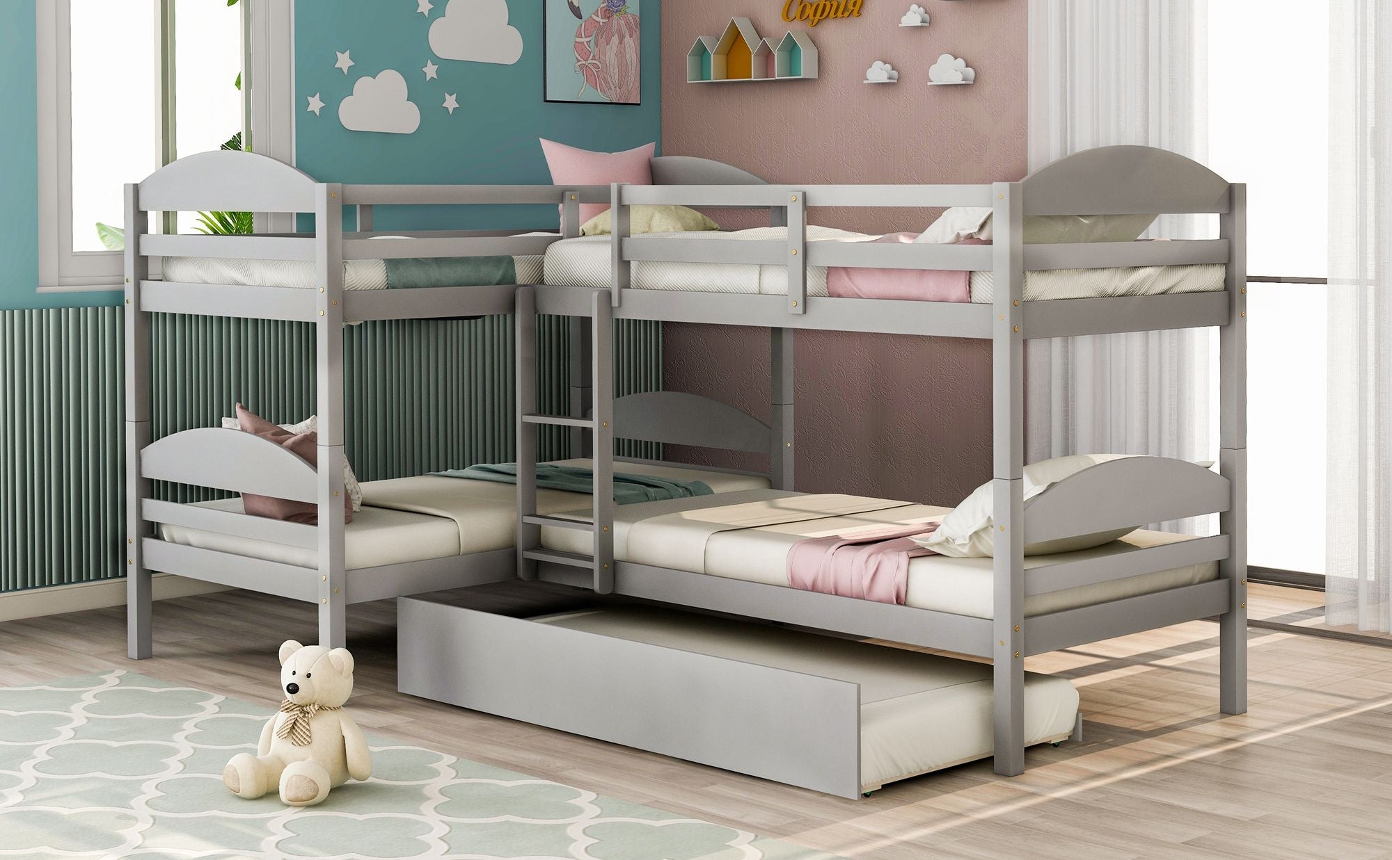 Space-Saving Twin-Over-Twin L-Shaped Wood Bunk Bed with Trundle and Gray Finish | Just Better Bunk Beds