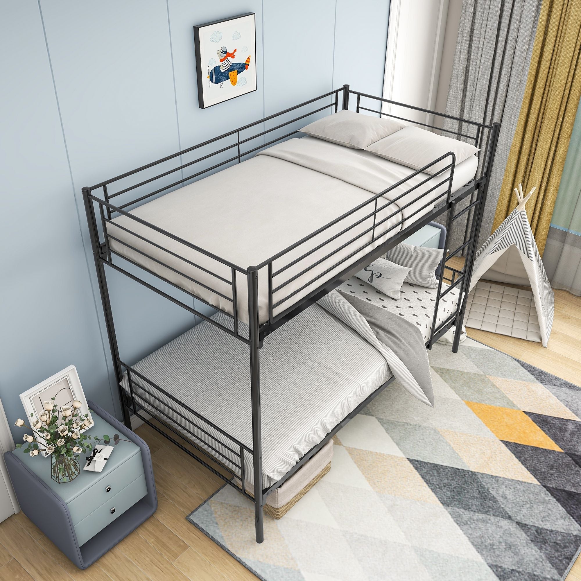 Space-Saving Twin over Twin Metal Bunk Bed with Ladder, Durable Iron Frame Black | Just Better Bunk Beds