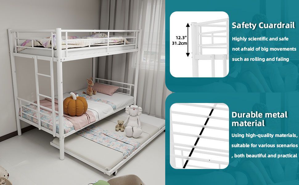 Space-Saving Twin over Twin Metal Bunk Bed with Noise Reduction and Safety Guardrail, White | Just Better Bunk Beds