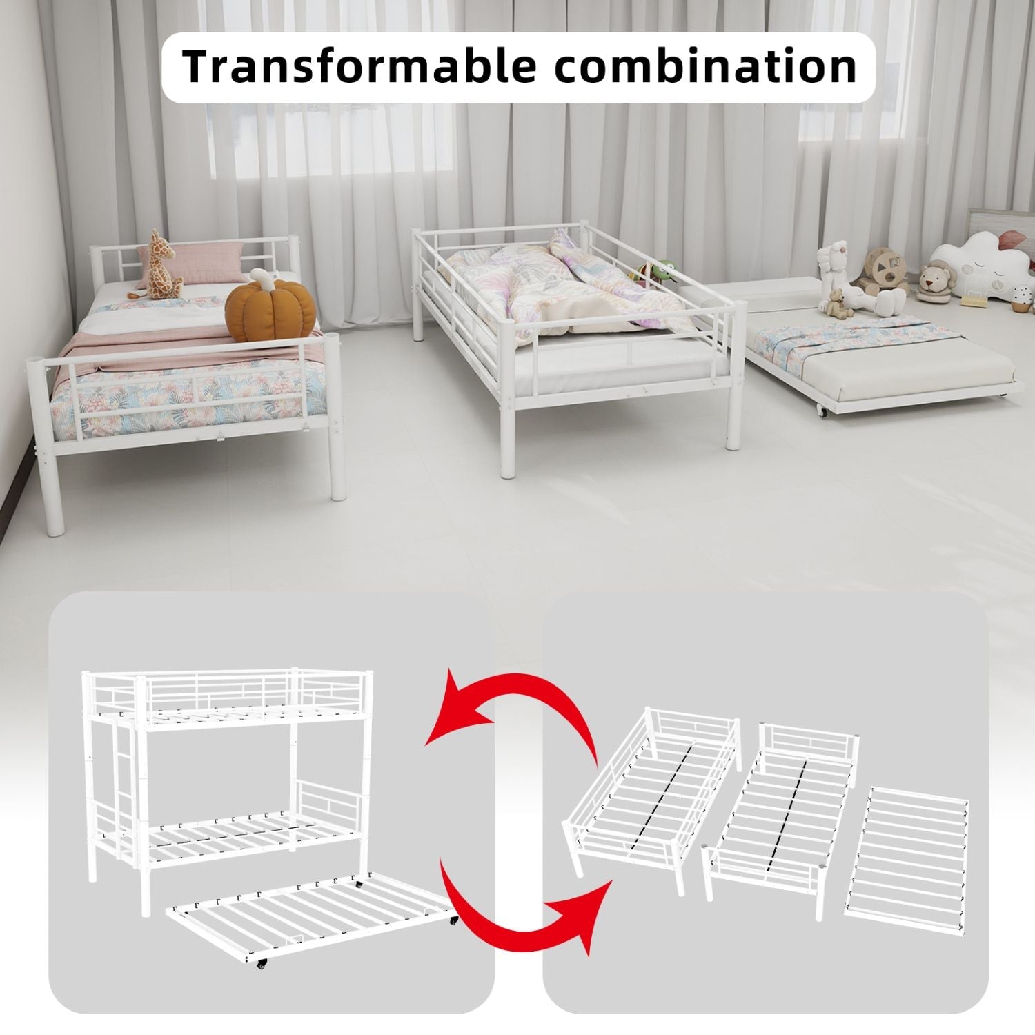 Space-Saving Twin over Twin Metal Bunk Bed with Noise Reduction and Safety Guardrail, White | Just Better Bunk Beds