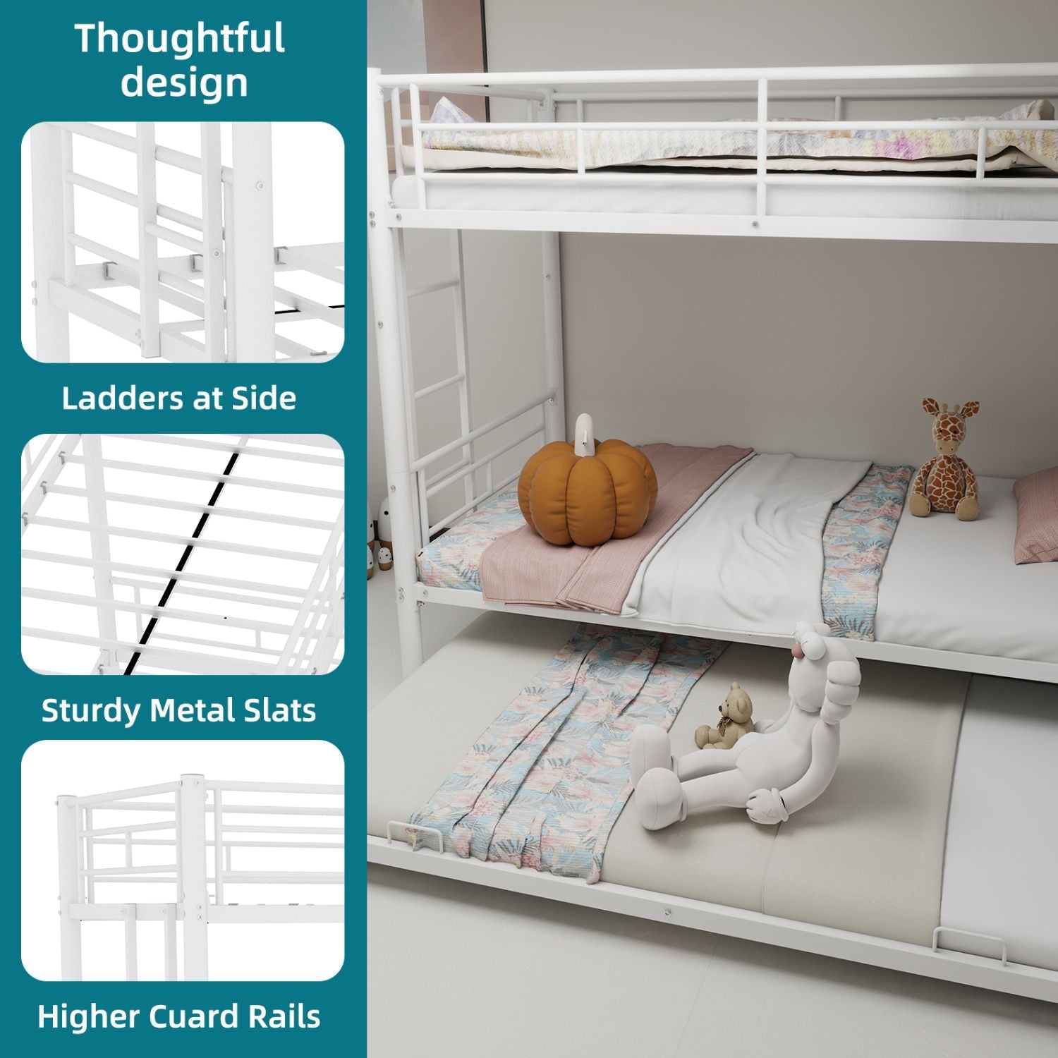 Space-Saving Twin over Twin Metal Bunk Bed with Noise Reduction and Safety Guardrail, White | Just Better Bunk Beds