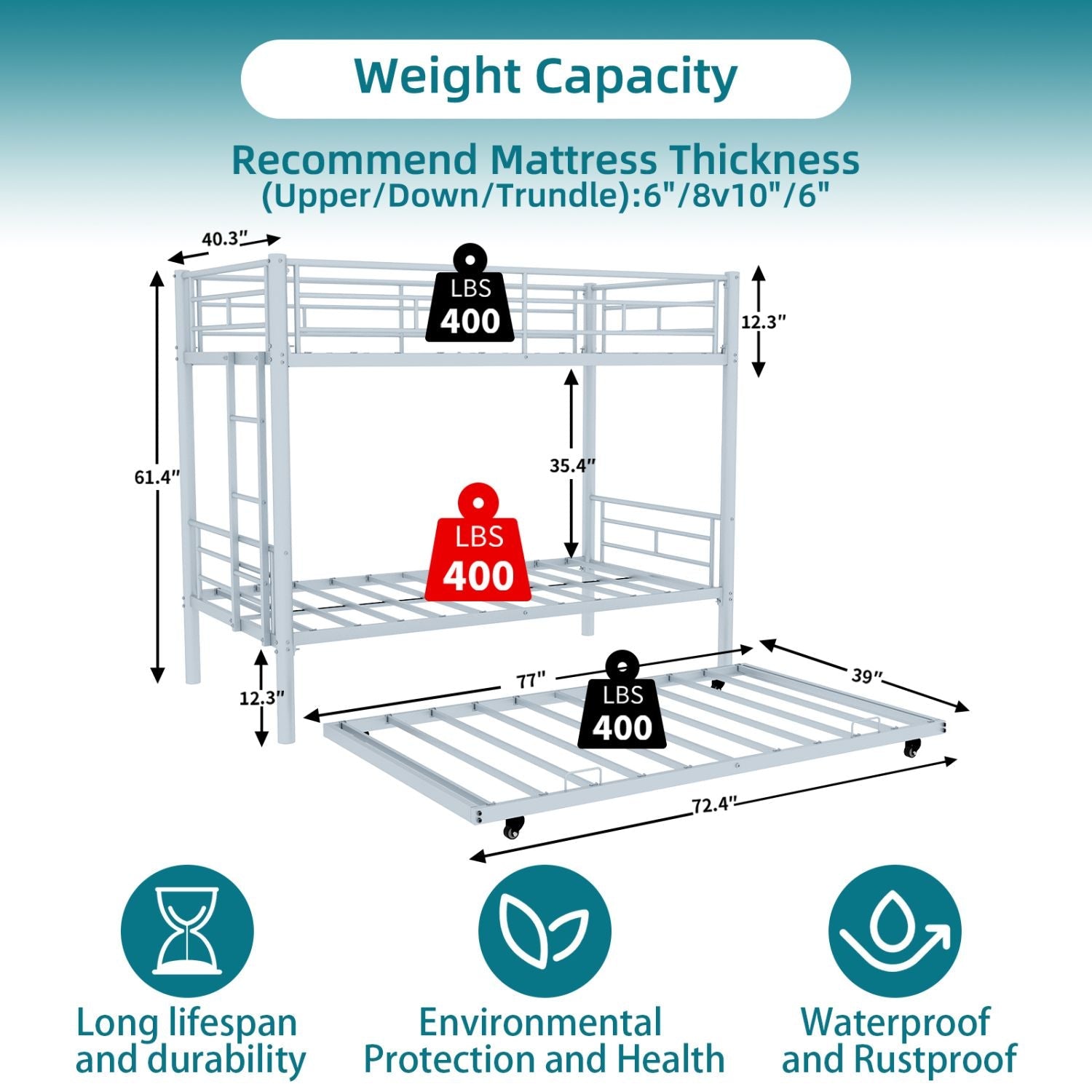 Space-Saving Twin over Twin Metal Bunk Bed with Noise Reduction and Safety Guardrail, White | Just Better Bunk Beds