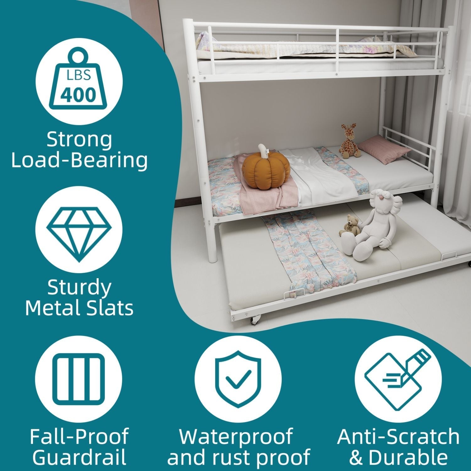 Space-Saving Twin over Twin Metal Bunk Bed with Noise Reduction and Safety Guardrail, White | Just Better Bunk Beds