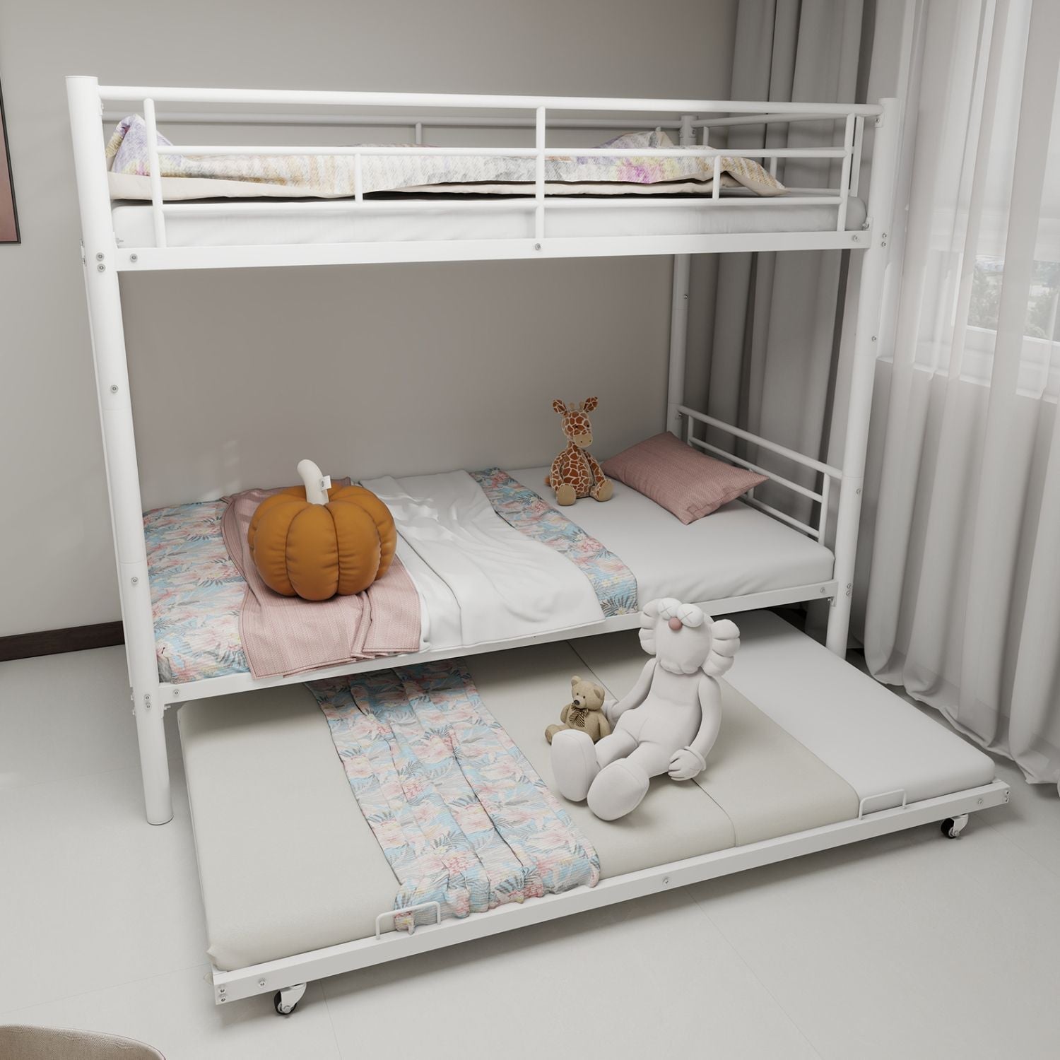 Space-Saving Twin over Twin Metal Bunk Bed with Noise Reduction and Safety Guardrail, White | Just Better Bunk Beds