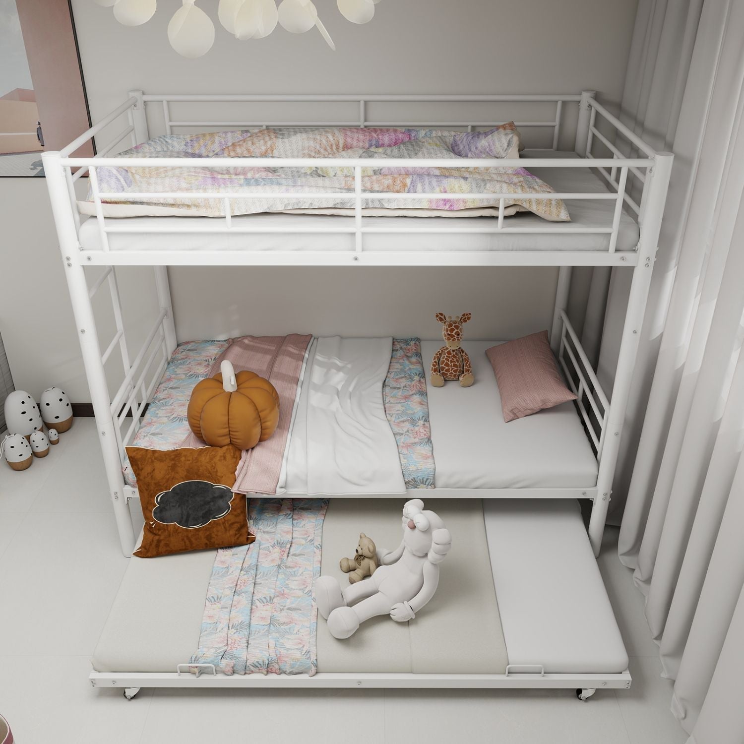 Space-Saving Twin over Twin Metal Bunk Bed with Noise Reduction and Safety Guardrail, White | Just Better Bunk Beds