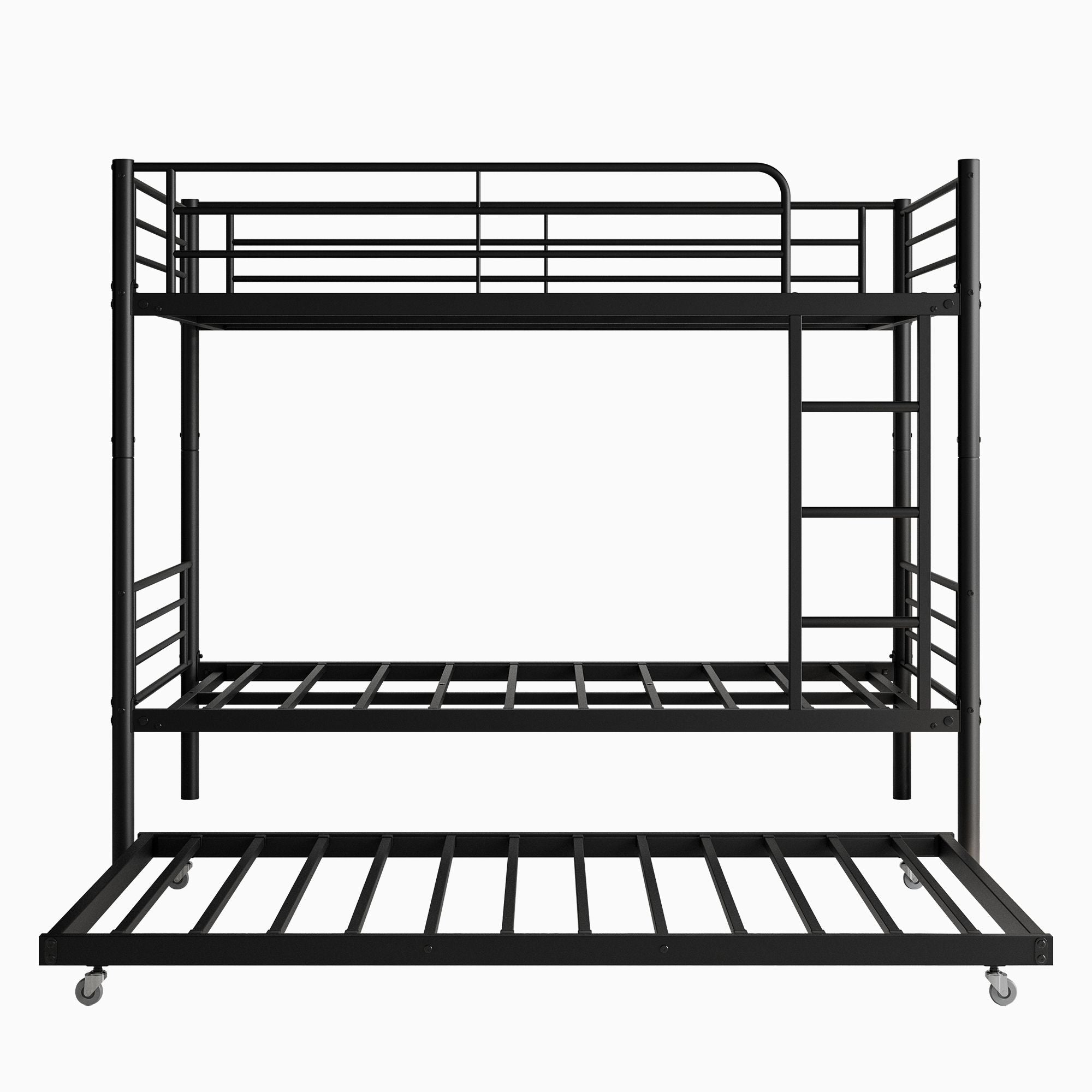 Space-Saving Twin Over Twin Metal Bunk Bed with Trundle, Ladder, and Guardrail in Black | Just Better Bunk Beds