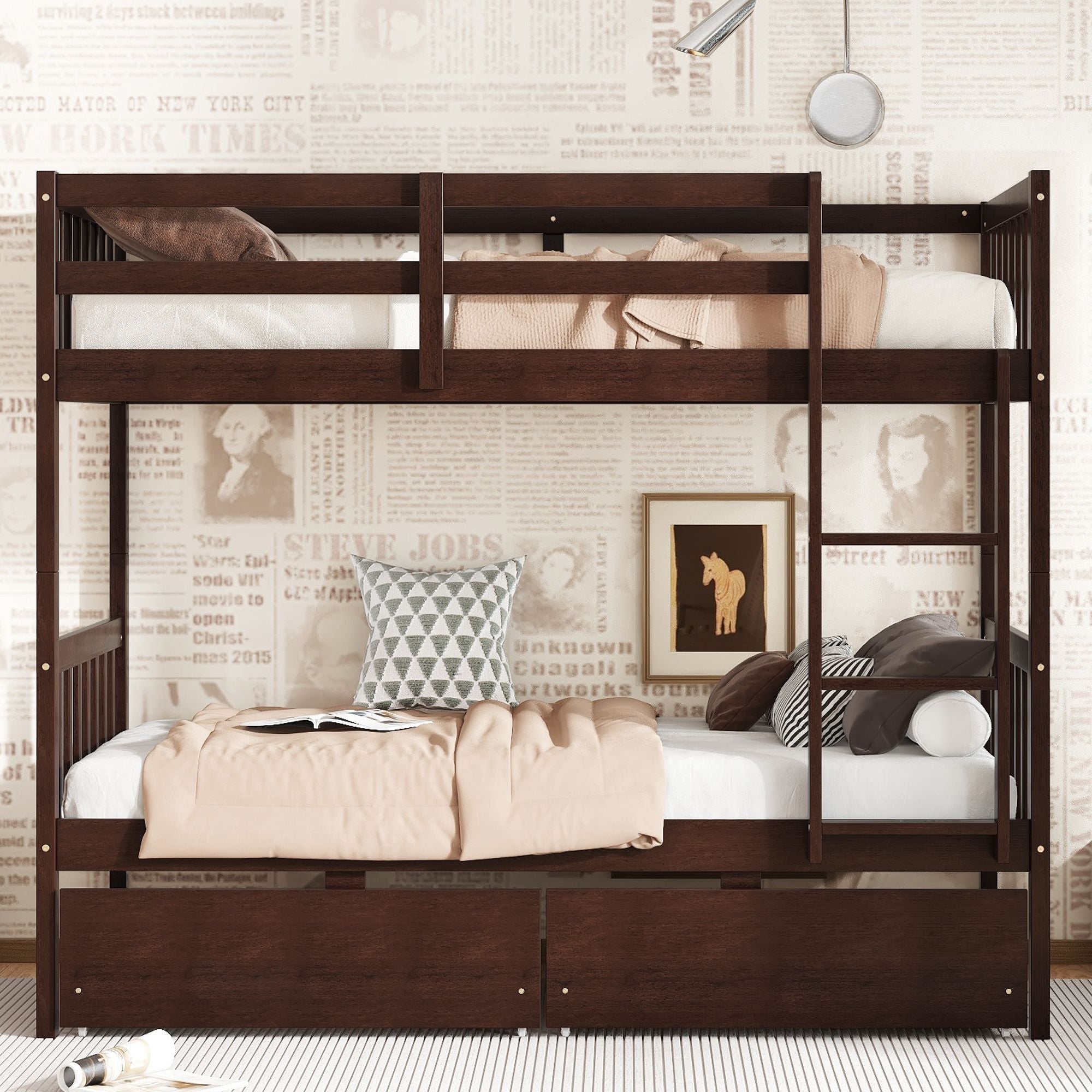 Space-Saving Twin Over Twin Rubber Wood Bunk Bed with 2 Drawers, Ladder, Guardrails in Multiple Colors | Just Better Bunk Beds