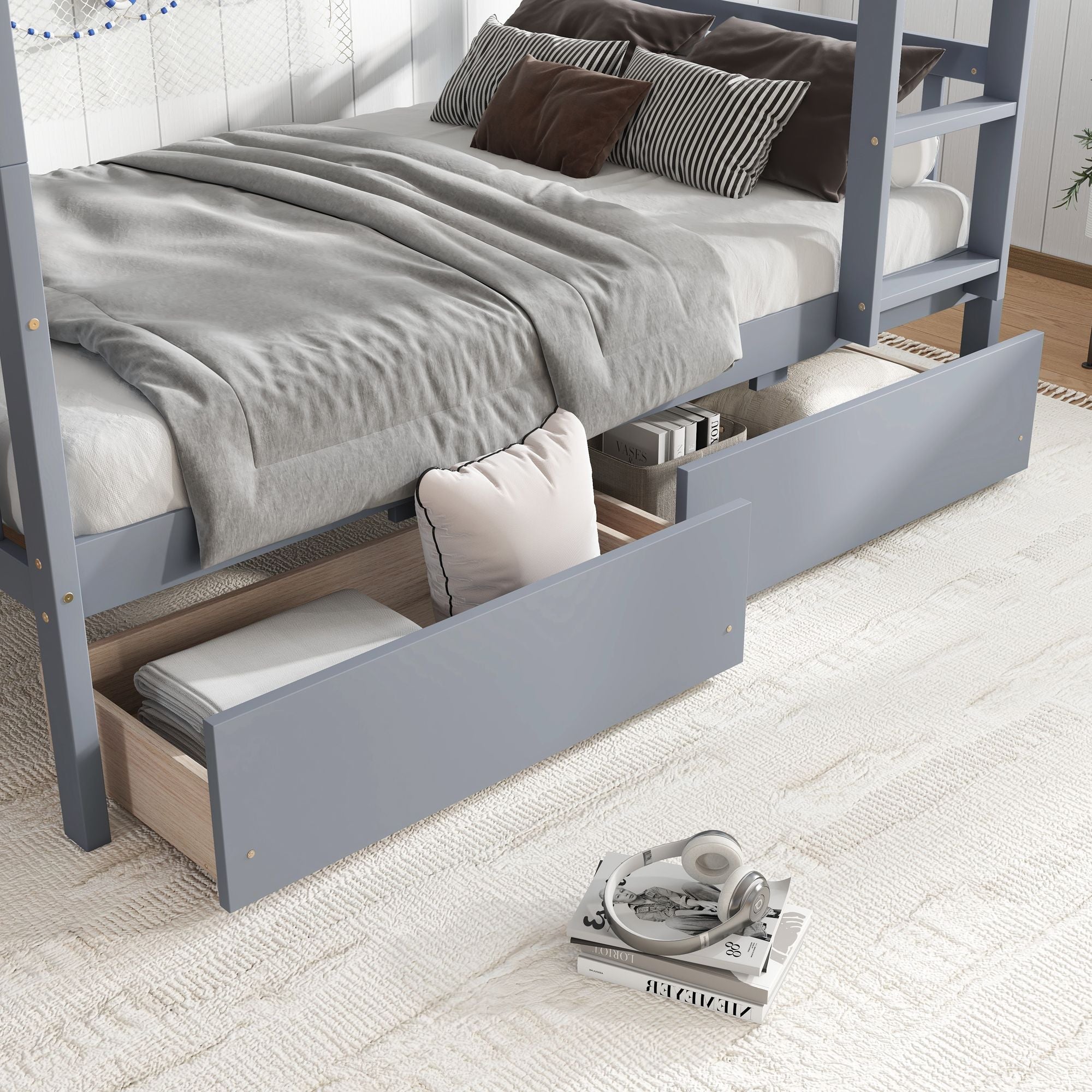 Space-Saving Twin Over Twin Rubber Wood Bunk Bed with 2 Drawers, Ladder, Guardrails in Multiple Colors | Just Better Bunk Beds
