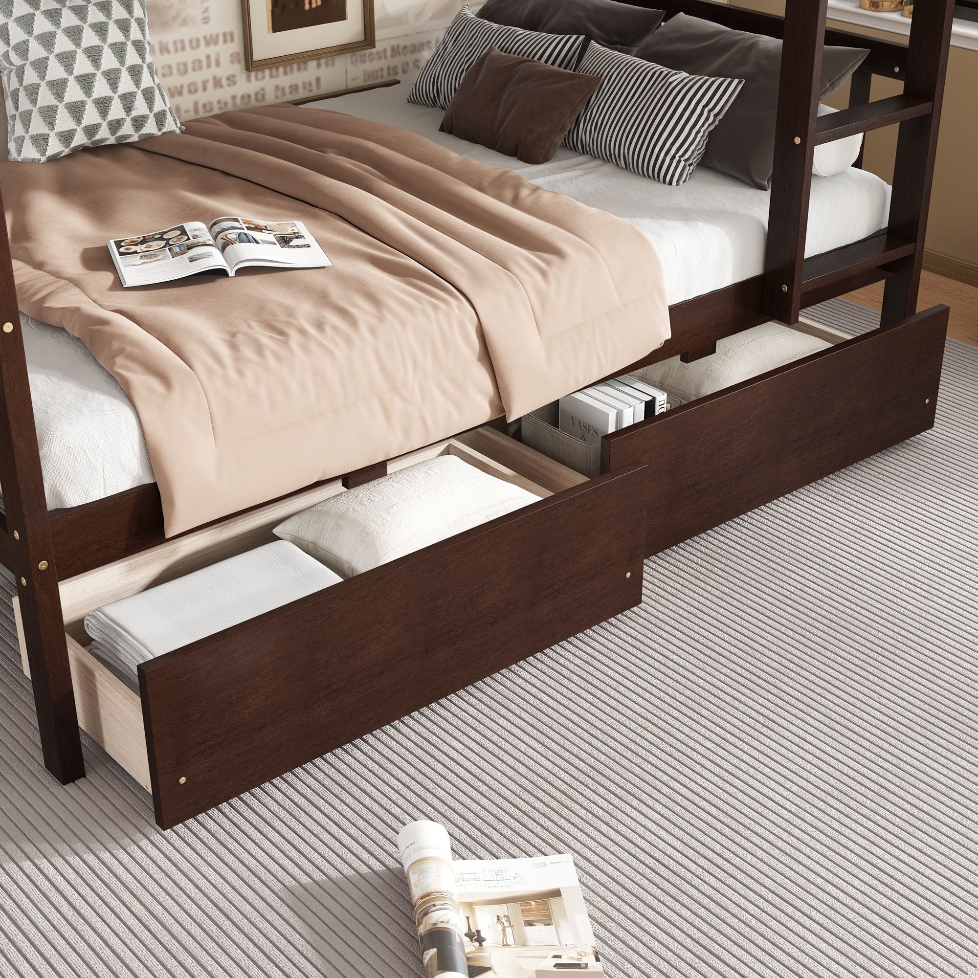 Space-Saving Twin Over Twin Rubber Wood Bunk Bed with 2 Drawers, Ladder, Guardrails in Multiple Colors | Just Better Bunk Beds