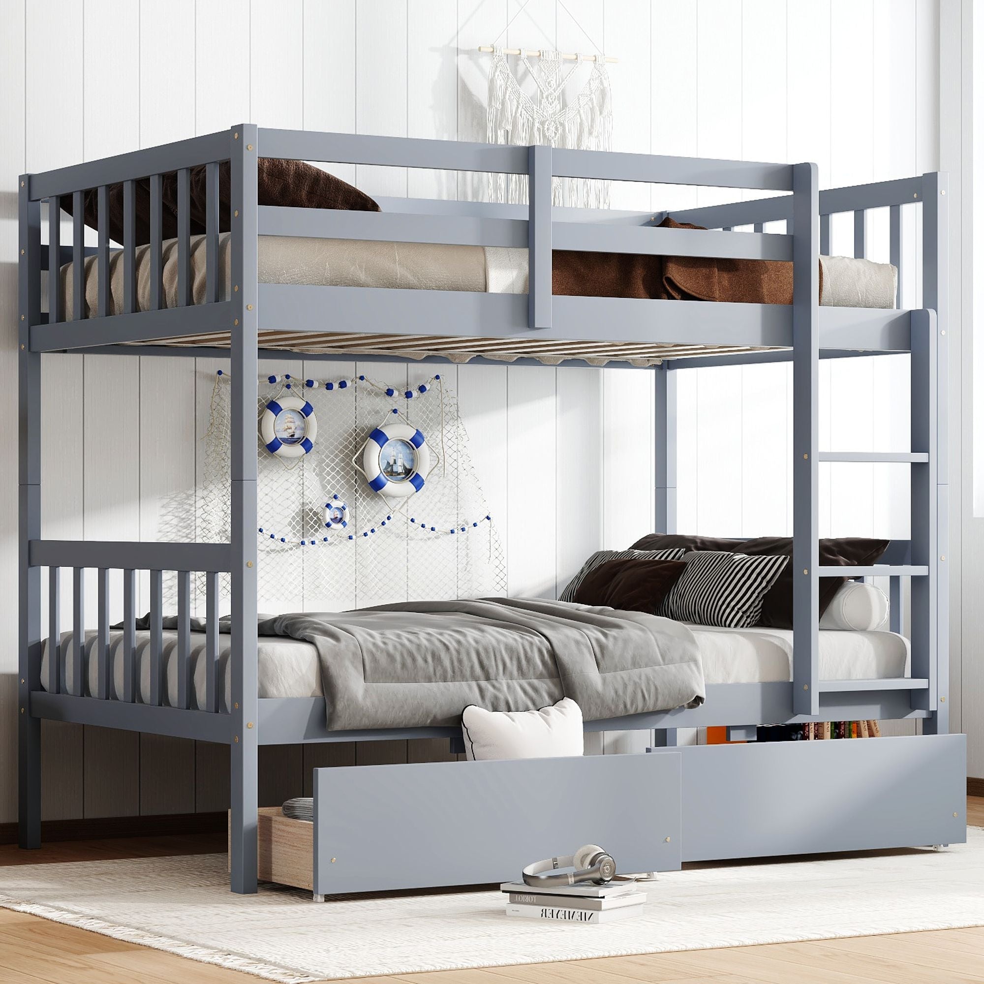 Space-Saving Twin Over Twin Rubber Wood Bunk Bed with 2 Drawers, Ladder, Guardrails in Multiple Colors | Just Better Bunk Beds