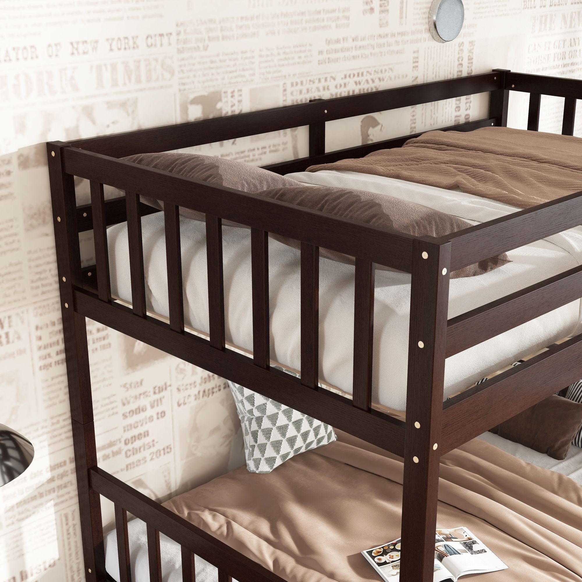 Space-Saving Twin Over Twin Rubber Wood Bunk Bed with 2 Drawers, Ladder, Guardrails in Multiple Colors | Just Better Bunk Beds
