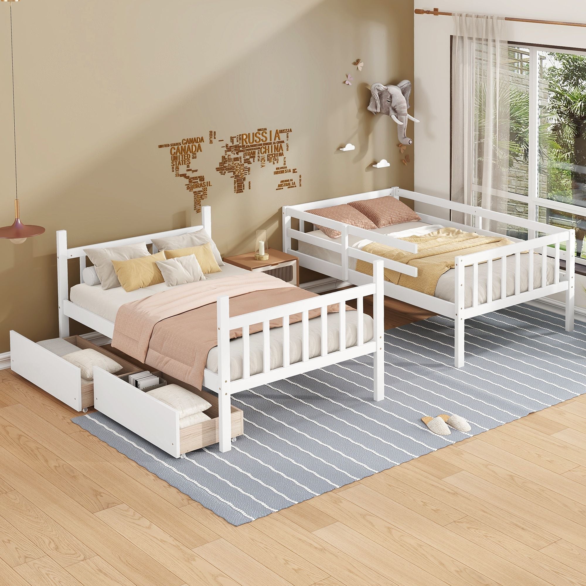 Space-Saving Twin Over Twin Rubber Wood Bunk Bed with 2 Drawers, Ladder, Guardrails in Multiple Colors | Just Better Bunk Beds