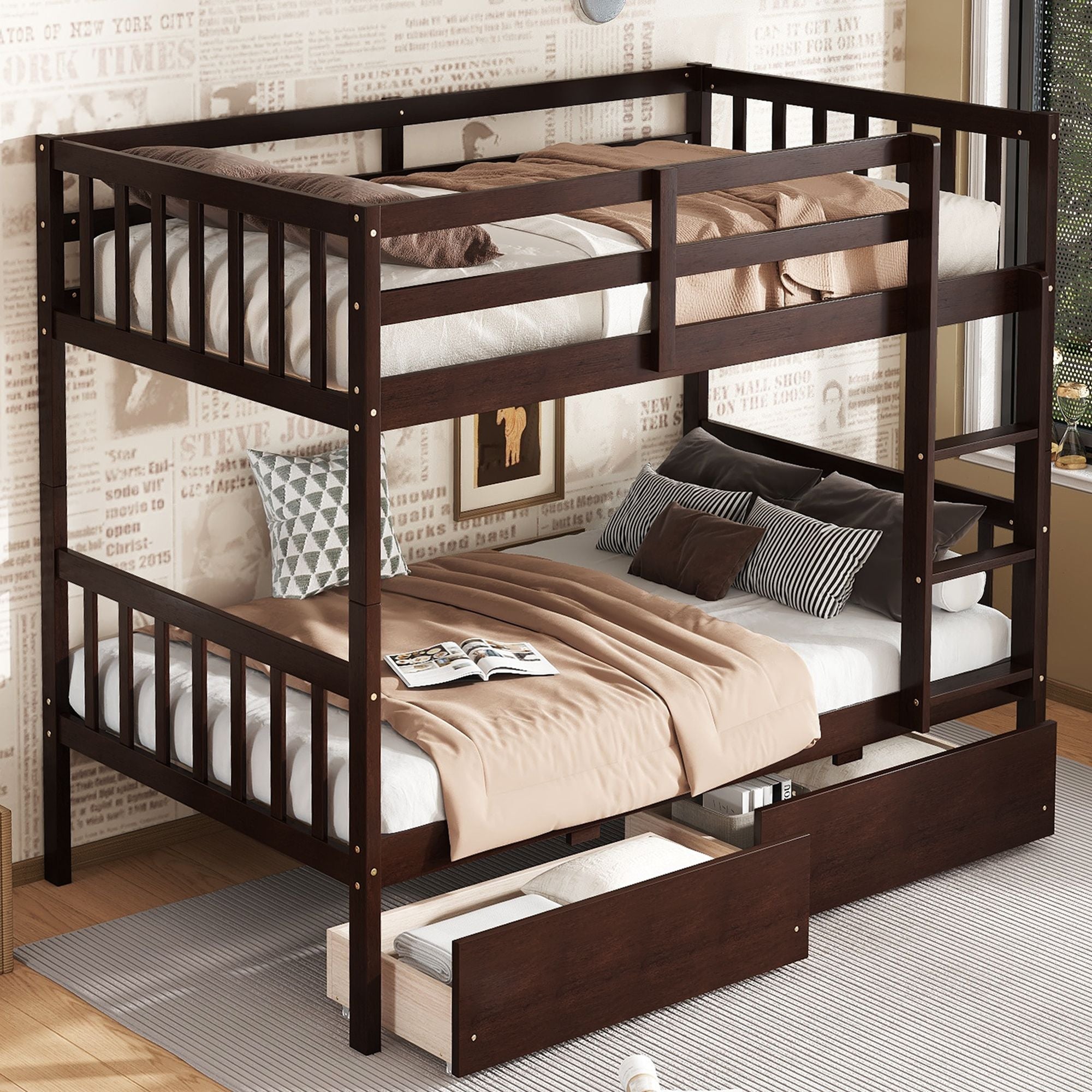 Space-Saving Twin Over Twin Rubber Wood Bunk Bed with 2 Drawers, Ladder, Guardrails in Multiple Colors | Just Better Bunk Beds