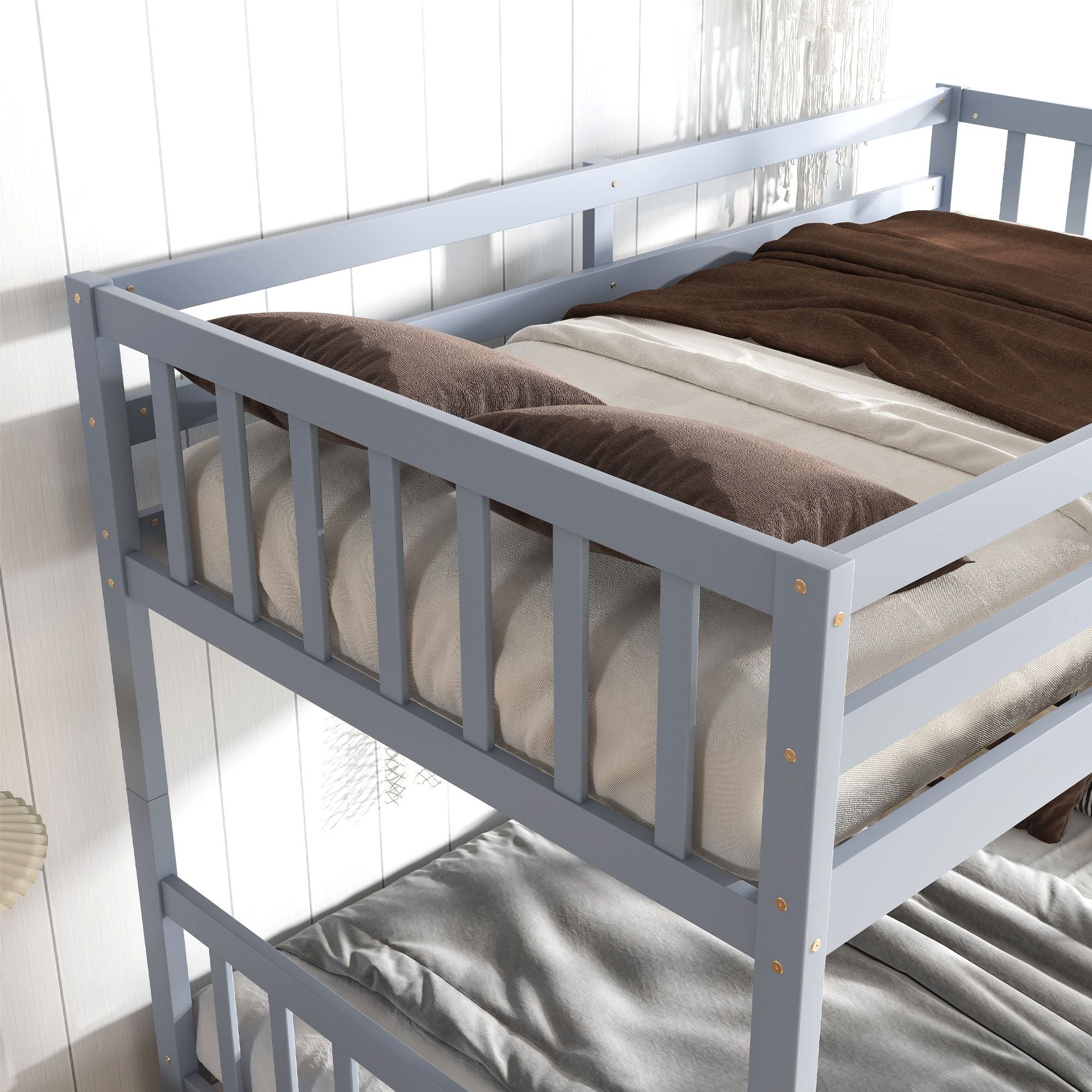 Space-Saving Twin Over Twin Rubber Wood Bunk Bed with 2 Drawers, Ladder, Guardrails in Multiple Colors | Just Better Bunk Beds