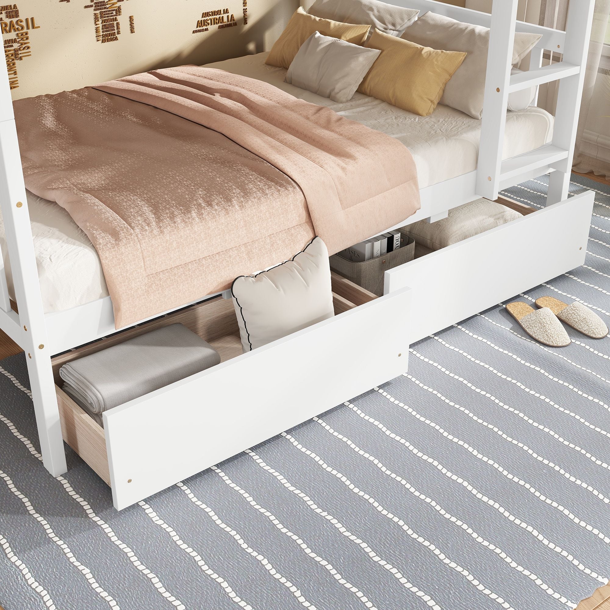 Space-Saving Twin Over Twin Rubber Wood Bunk Bed with 2 Drawers, Ladder, Guardrails in Multiple Colors | Just Better Bunk Beds