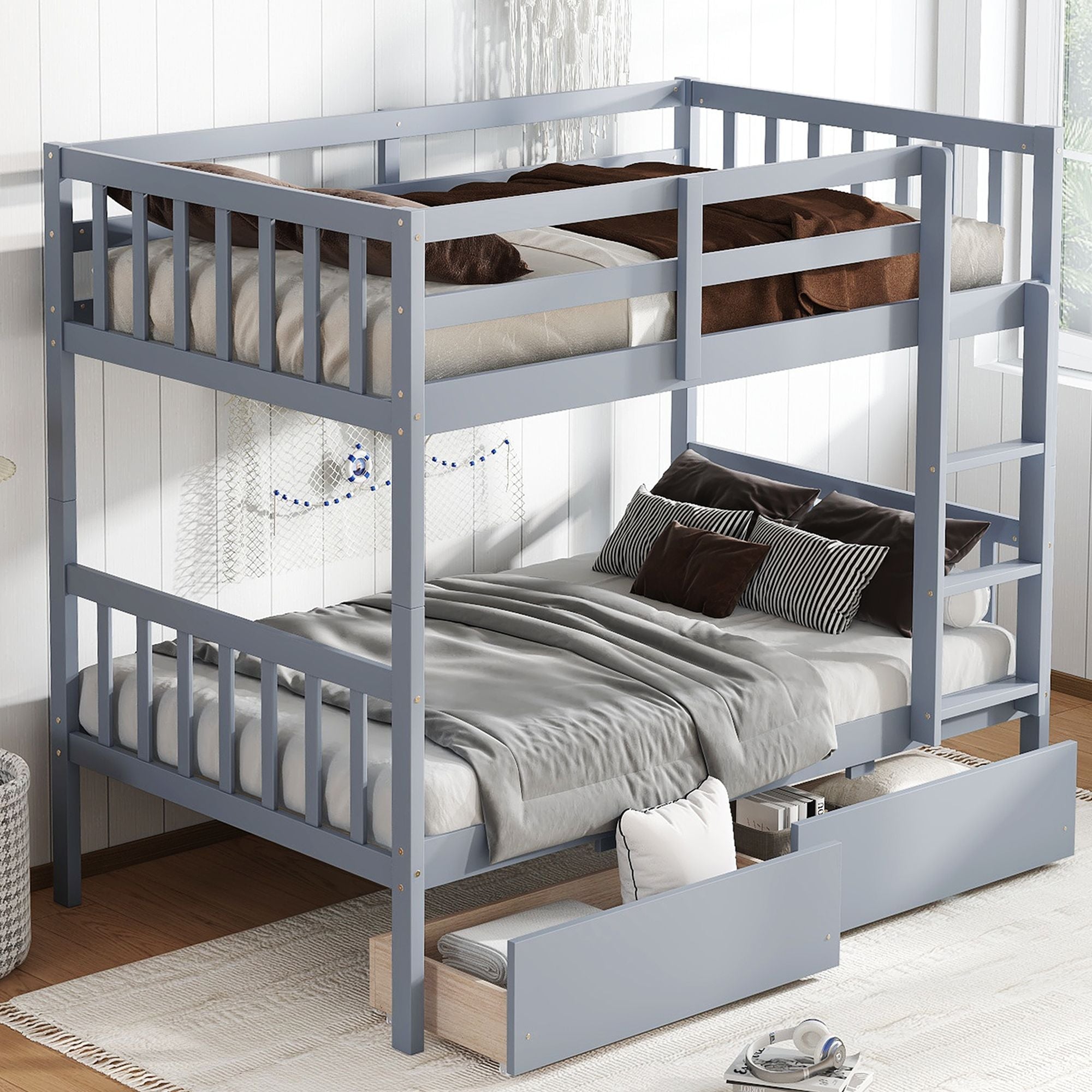 Space-Saving Twin Over Twin Rubber Wood Bunk Bed with 2 Drawers, Ladder, Guardrails in Multiple Colors | Just Better Bunk Beds