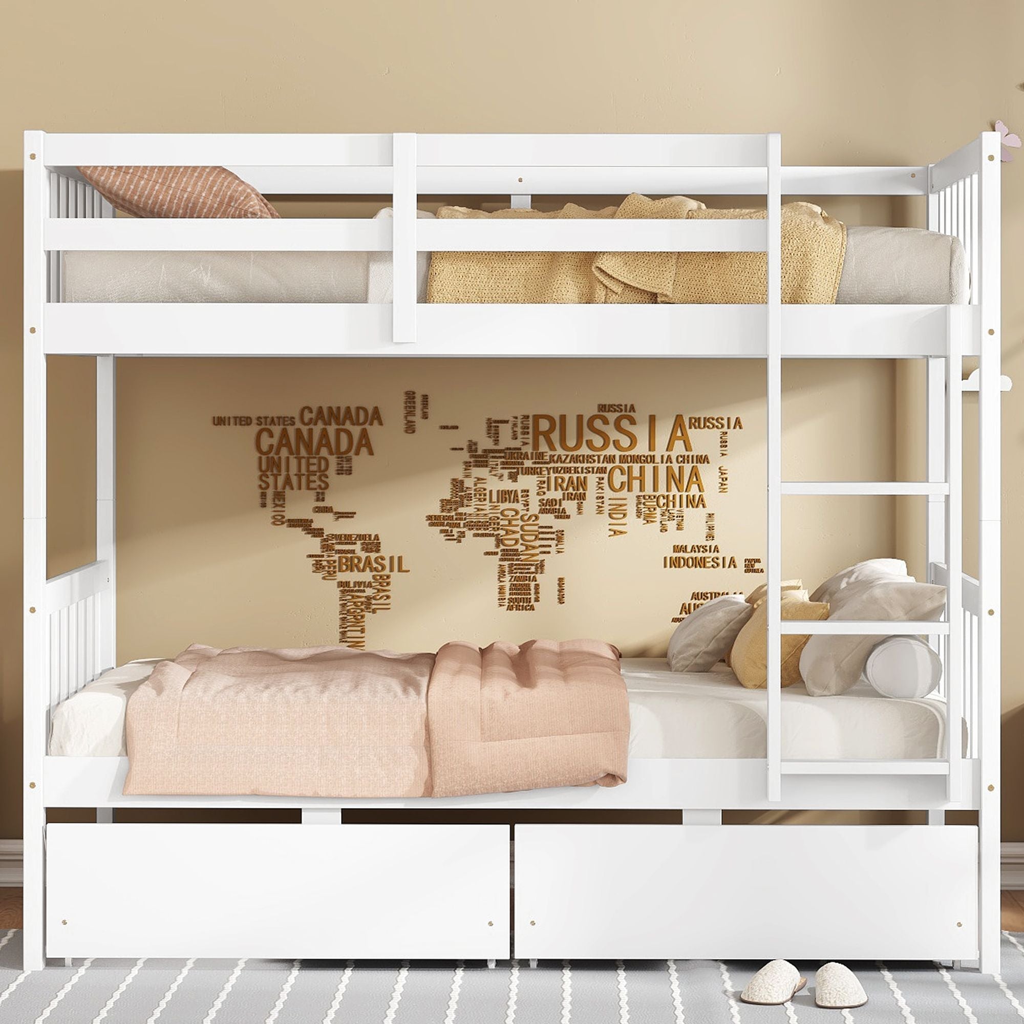 Space-Saving Twin Over Twin Rubber Wood Bunk Bed with 2 Drawers, Ladder, Guardrails in Multiple Colors | Just Better Bunk Beds
