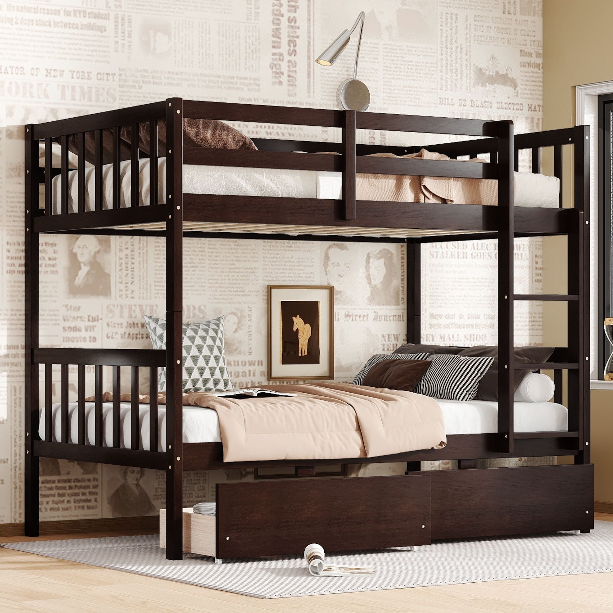 Space-Saving Twin Over Twin Rubber Wood Bunk Bed with 2 Drawers, Ladder, Guardrails in Multiple Colors | Just Better Bunk Beds