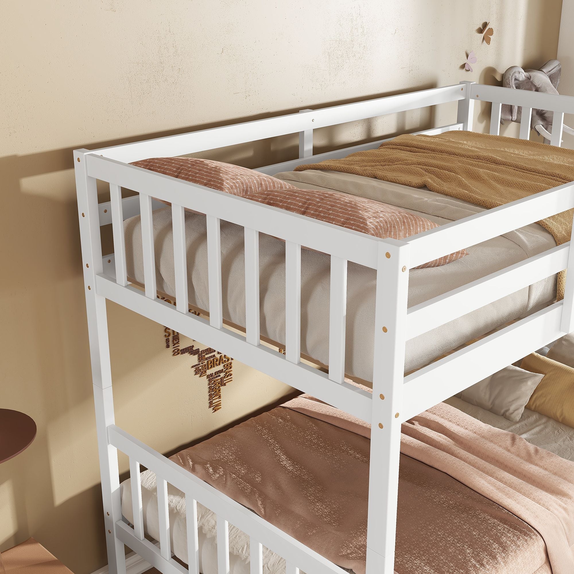 Space-Saving Twin Over Twin Rubber Wood Bunk Bed with 2 Drawers, Ladder, Guardrails in Multiple Colors | Just Better Bunk Beds