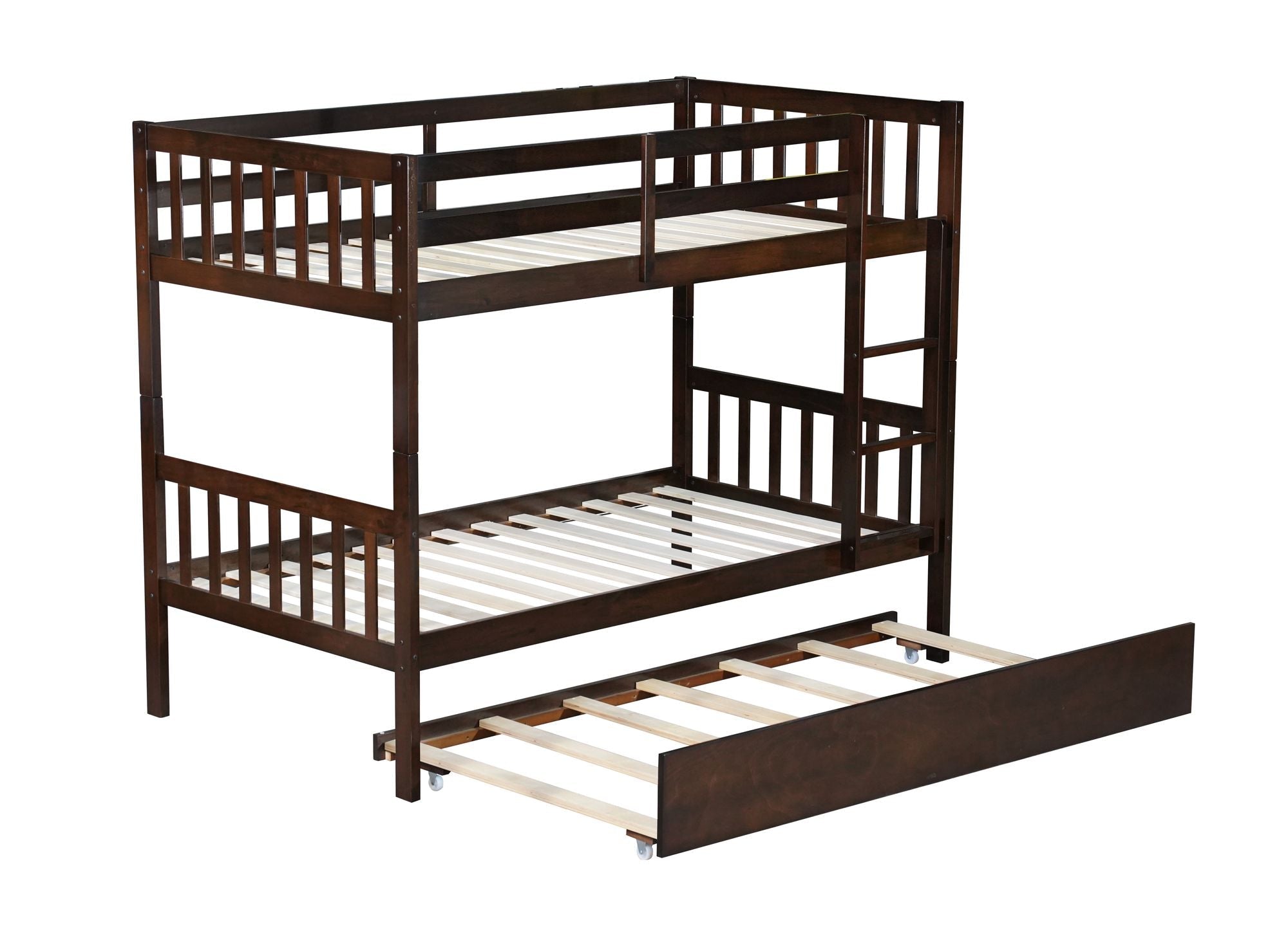 Space-Saving Twin Over Twin Rubberwood Bunk Bed with Trundle and Safety Guardrails, Espresso | Just Better Bunk Beds