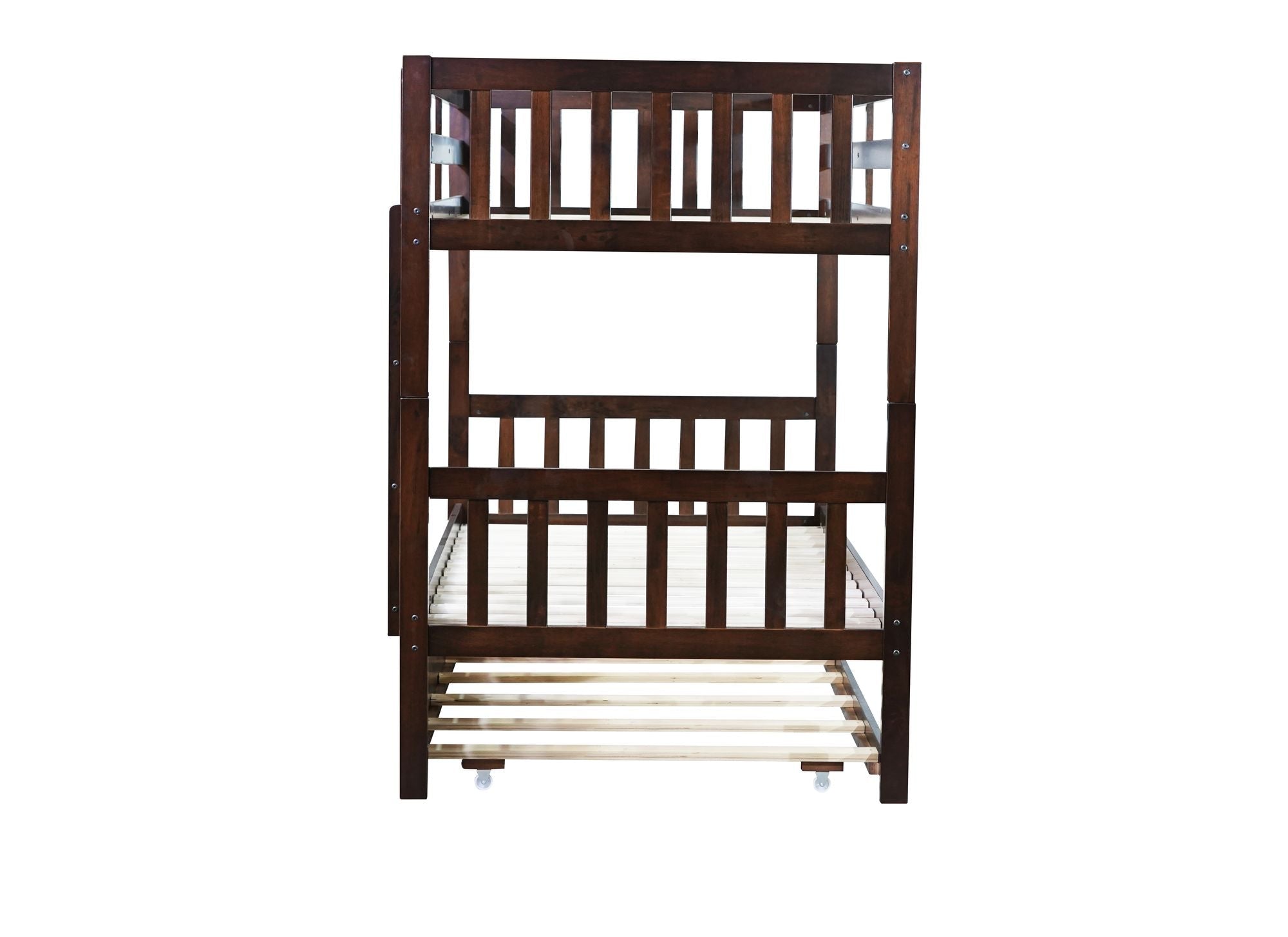 Space-Saving Twin Over Twin Rubberwood Bunk Bed with Trundle and Safety Guardrails, Espresso | Just Better Bunk Beds