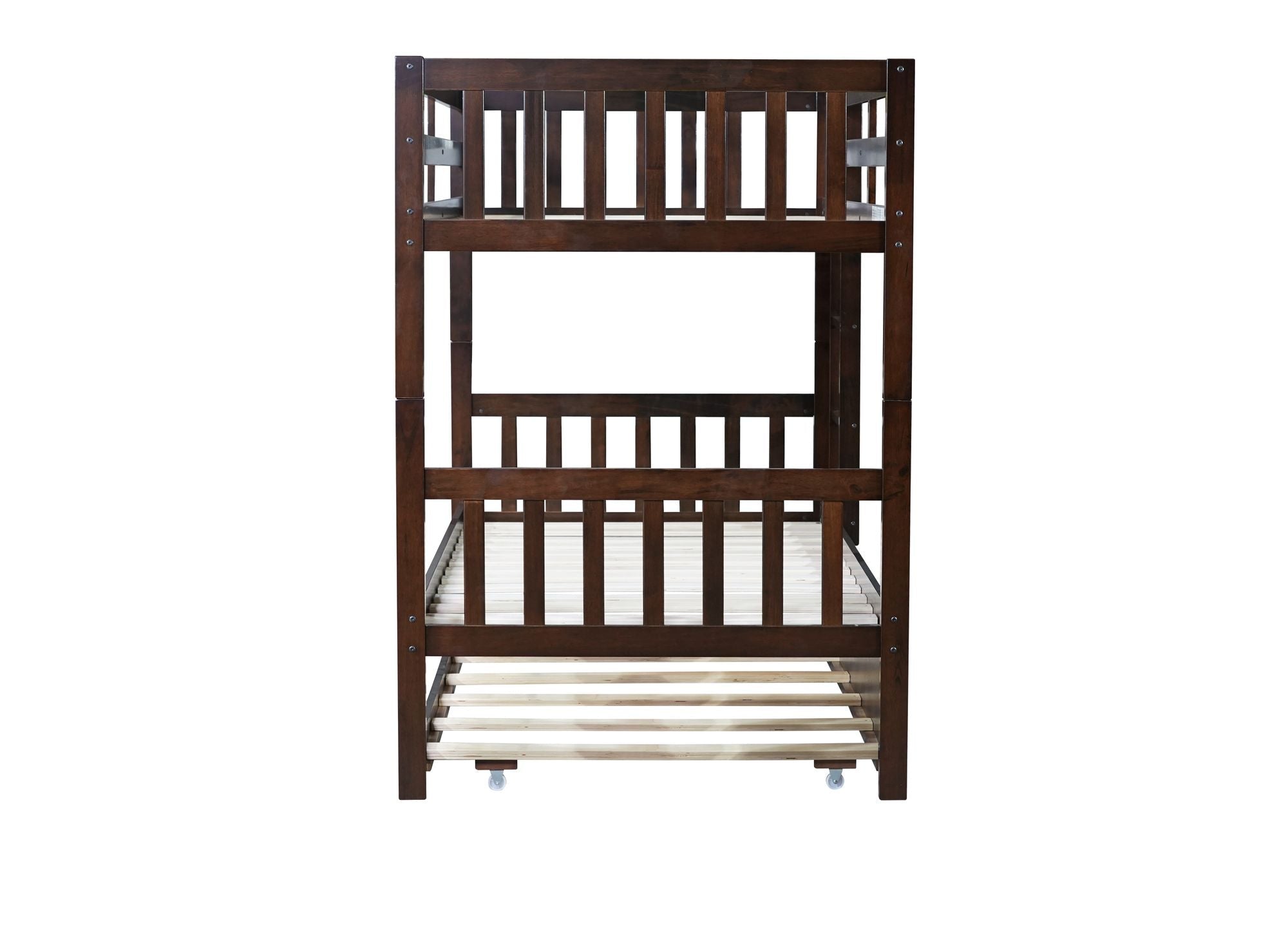 Space-Saving Twin Over Twin Rubberwood Bunk Bed with Trundle and Safety Guardrails, Espresso | Just Better Bunk Beds