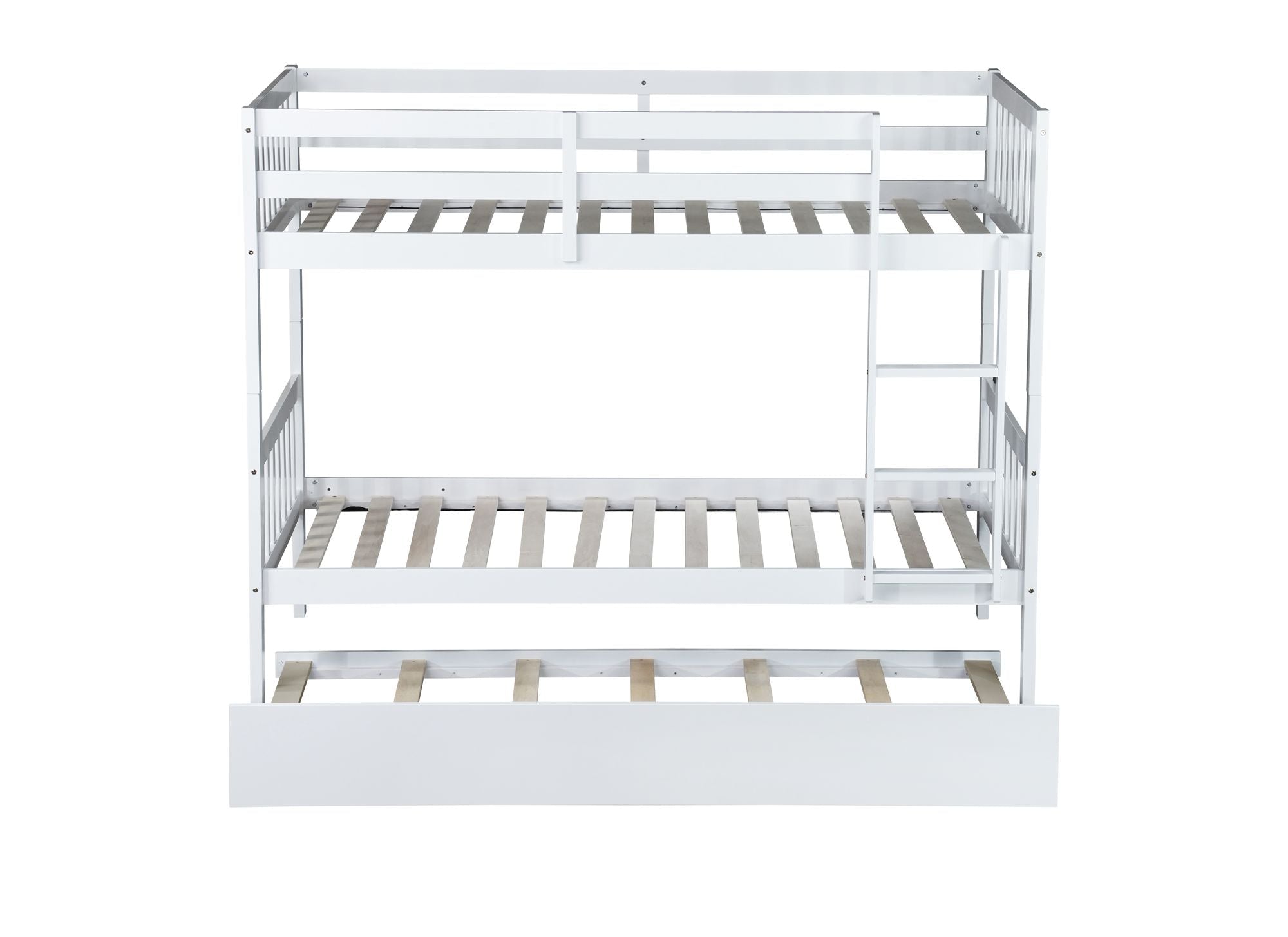Space-Saving Twin Over Twin Rubberwood Bunk Bed with Trundle, Convertible, Ladder, Guardrails, White | Just Better Bunk Beds