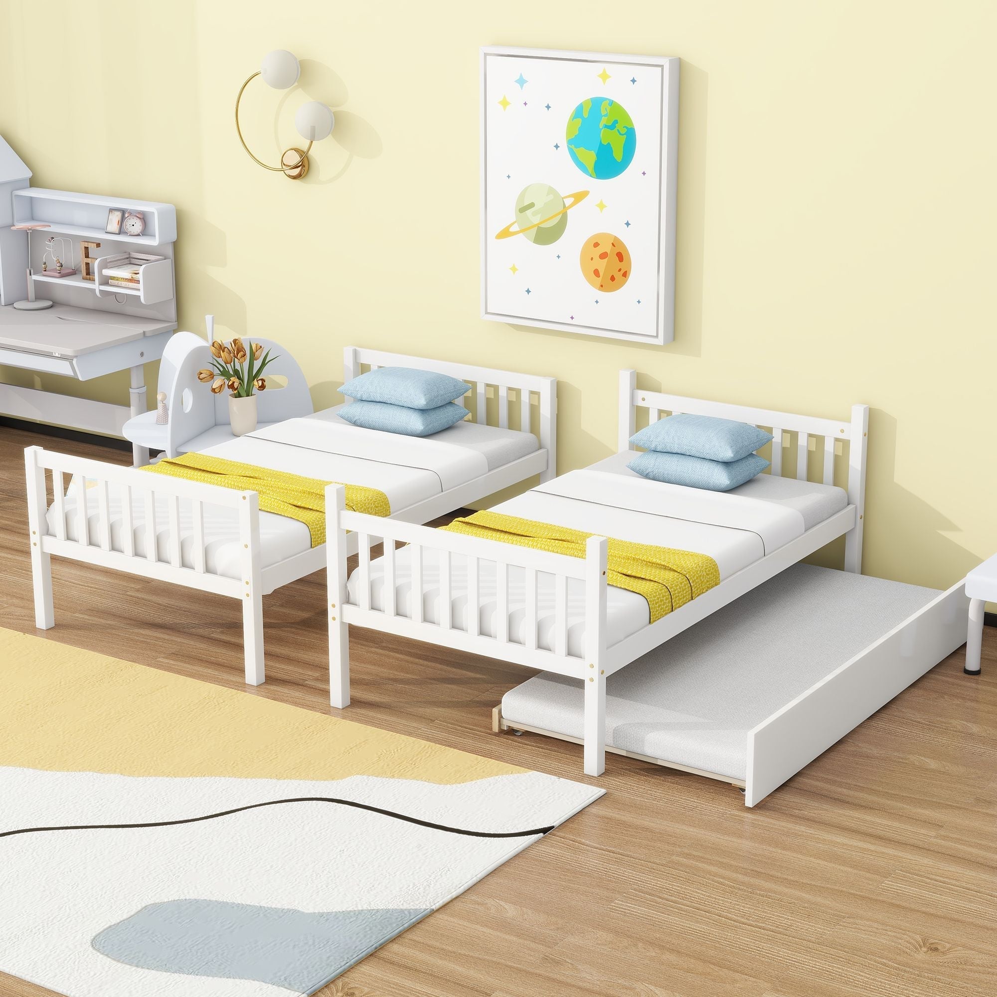 Space-Saving Twin Over Twin Rubberwood Bunk Bed with Trundle, Convertible, Ladder, Guardrails, White | Just Better Bunk Beds