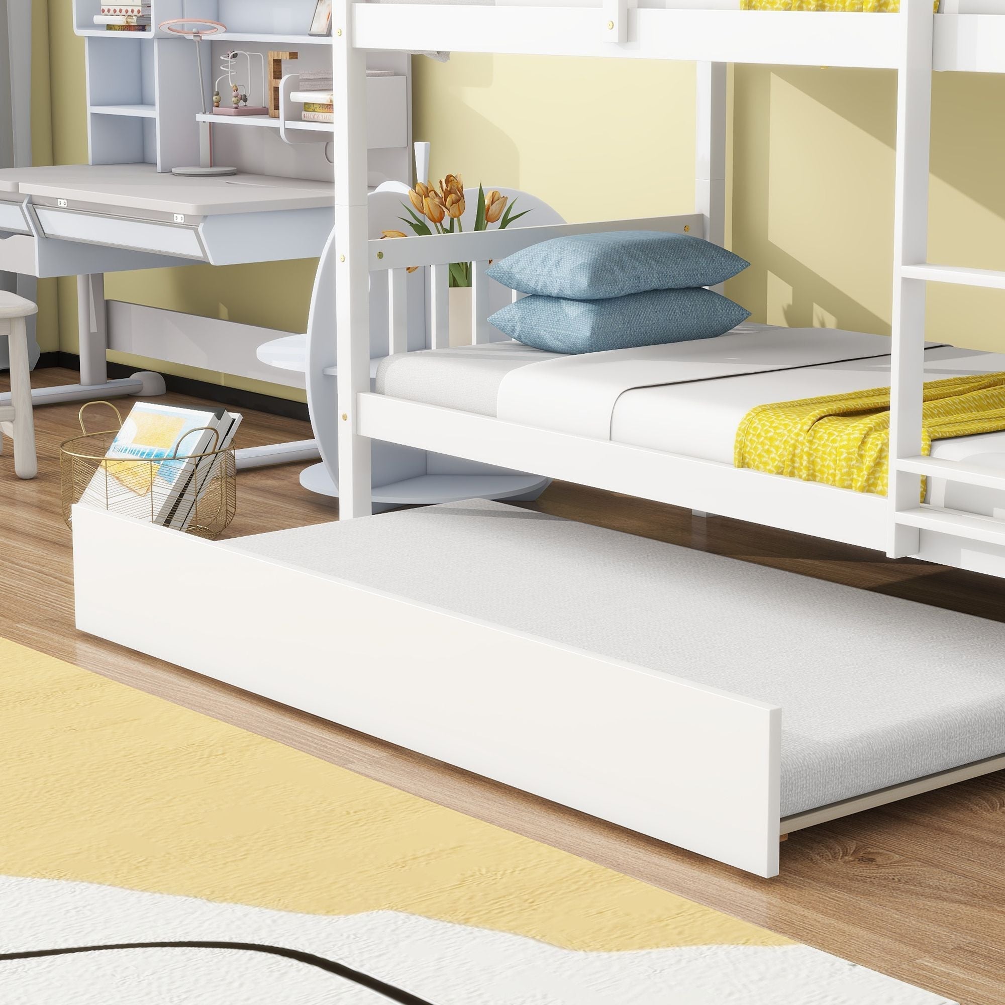 Space-Saving Twin Over Twin Rubberwood Bunk Bed with Trundle, Convertible, Ladder, Guardrails, White | Just Better Bunk Beds