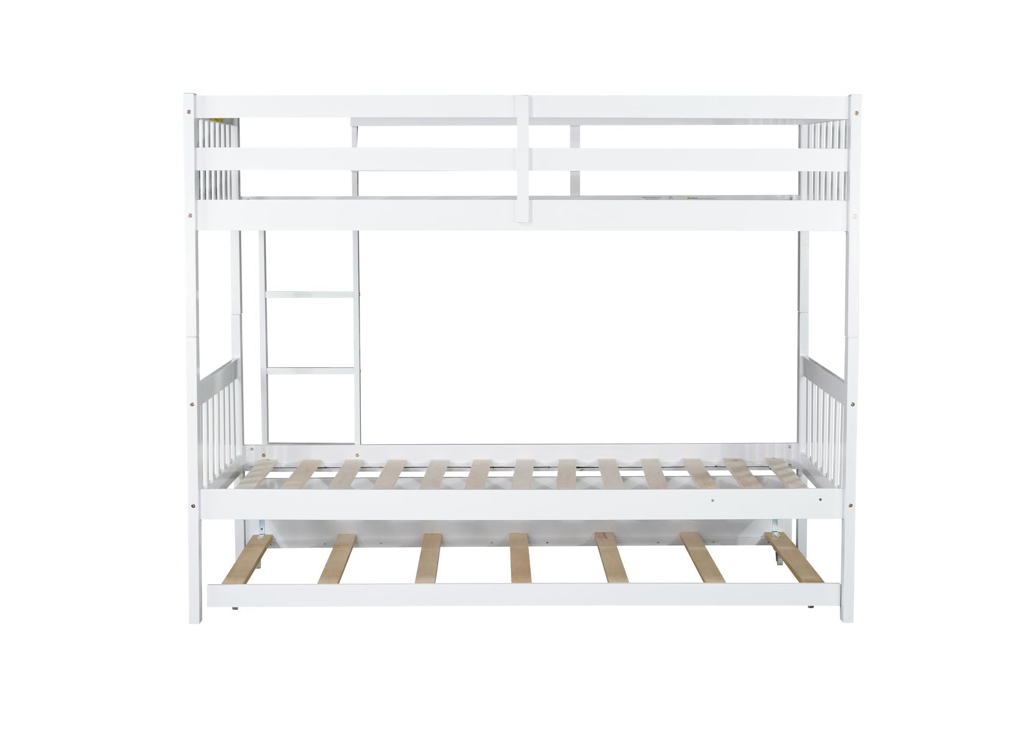 Space-Saving Twin Over Twin Rubberwood Bunk Bed with Trundle, Convertible, Ladder, Guardrails, White | Just Better Bunk Beds