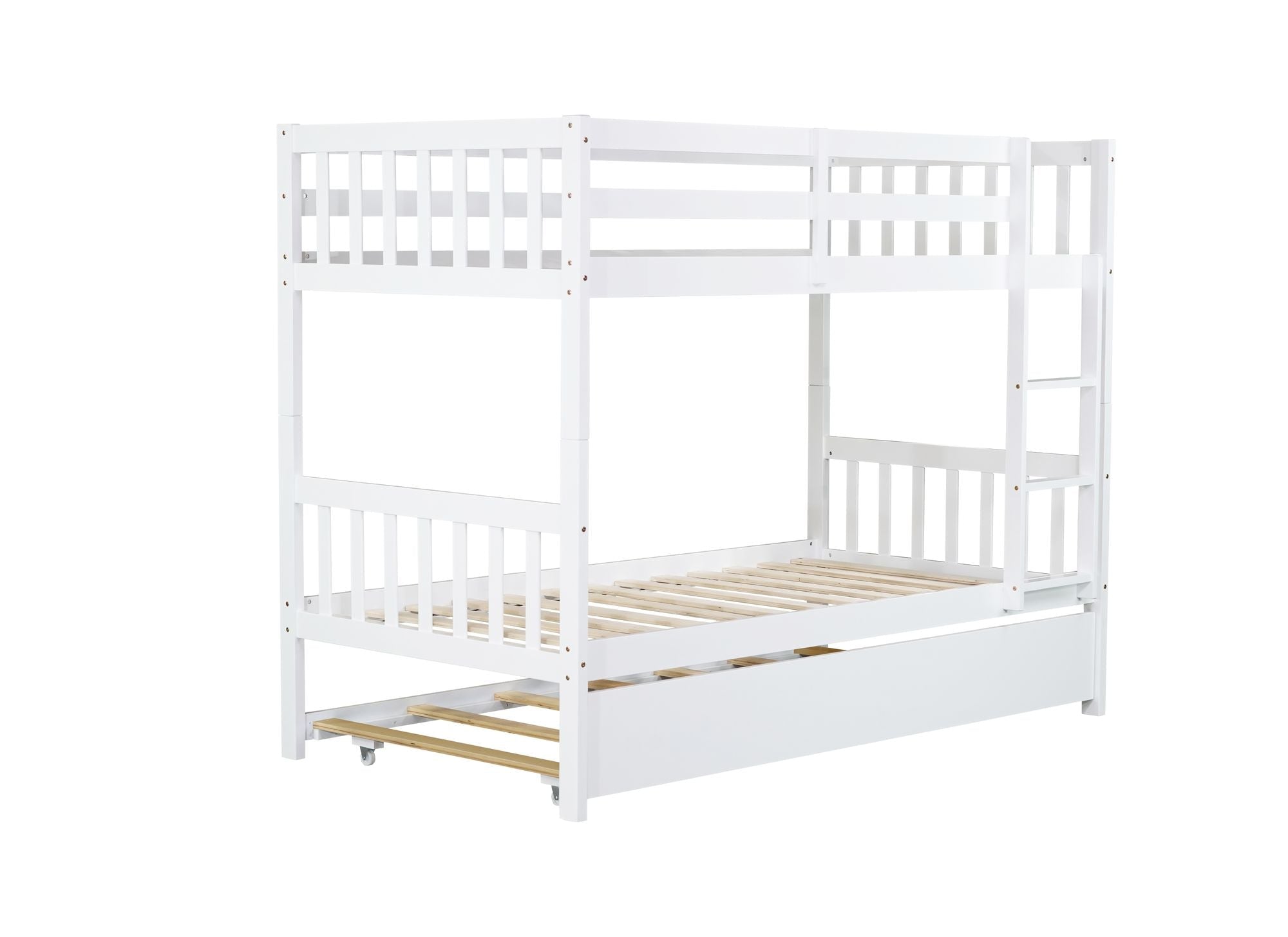Space-Saving Twin Over Twin Rubberwood Bunk Bed with Trundle, Convertible, Ladder, Guardrails, White | Just Better Bunk Beds