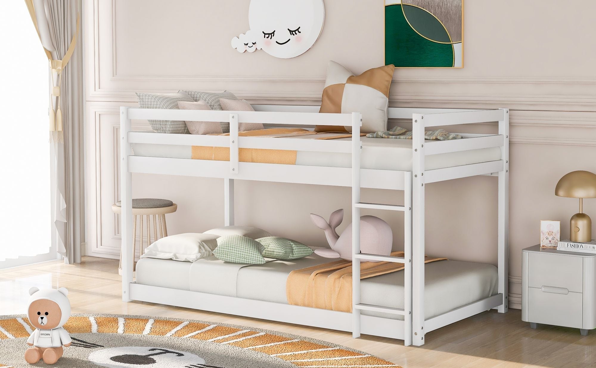 Space-Saving Twin Over Twin Wood Bunk Bed with Built-In Ladder, White Finish | Just Better Bunk Beds