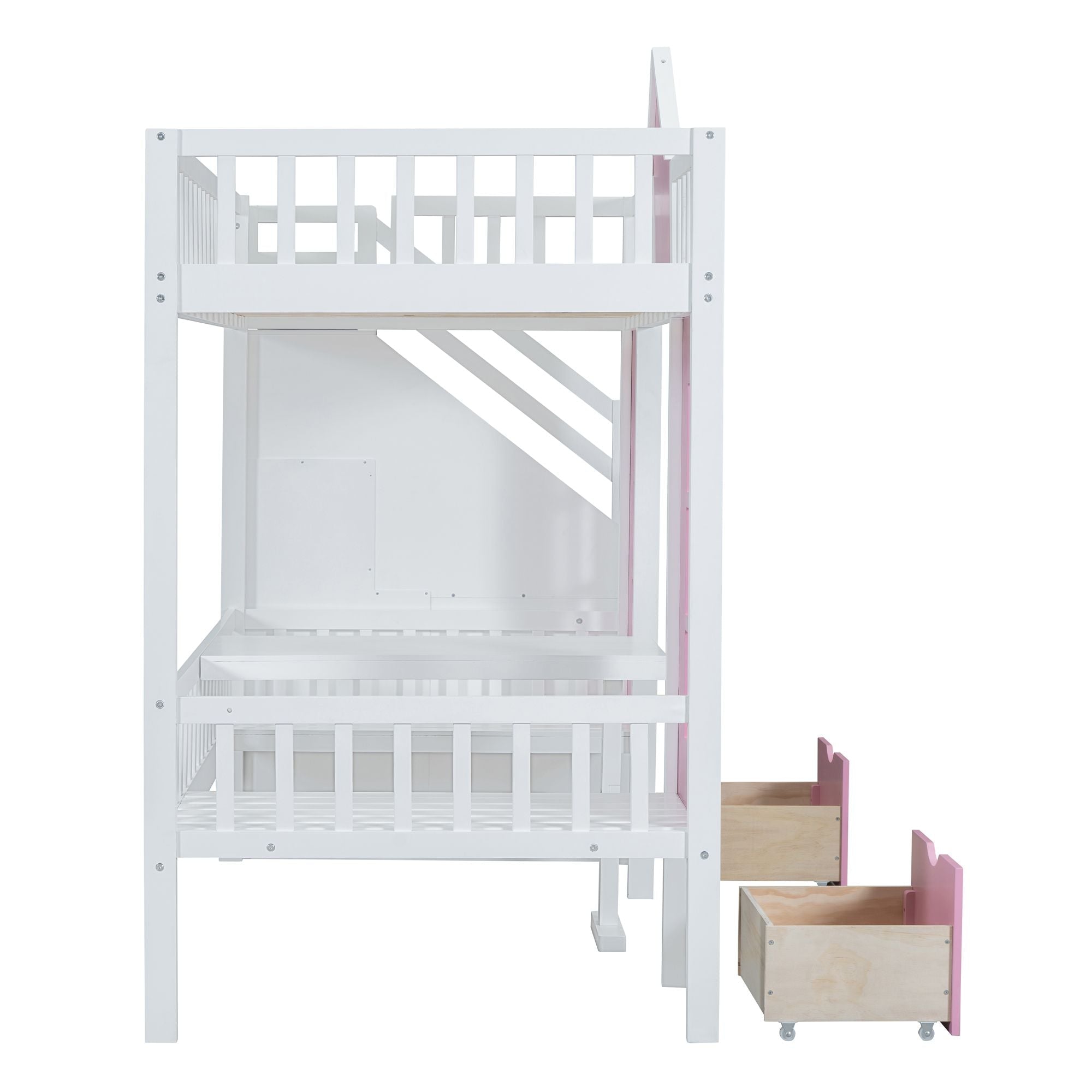 Space-Saving Twin Over Twin Wood Bunk Bed with Convertible Desk Pink Finish | Just Better Bunk Beds