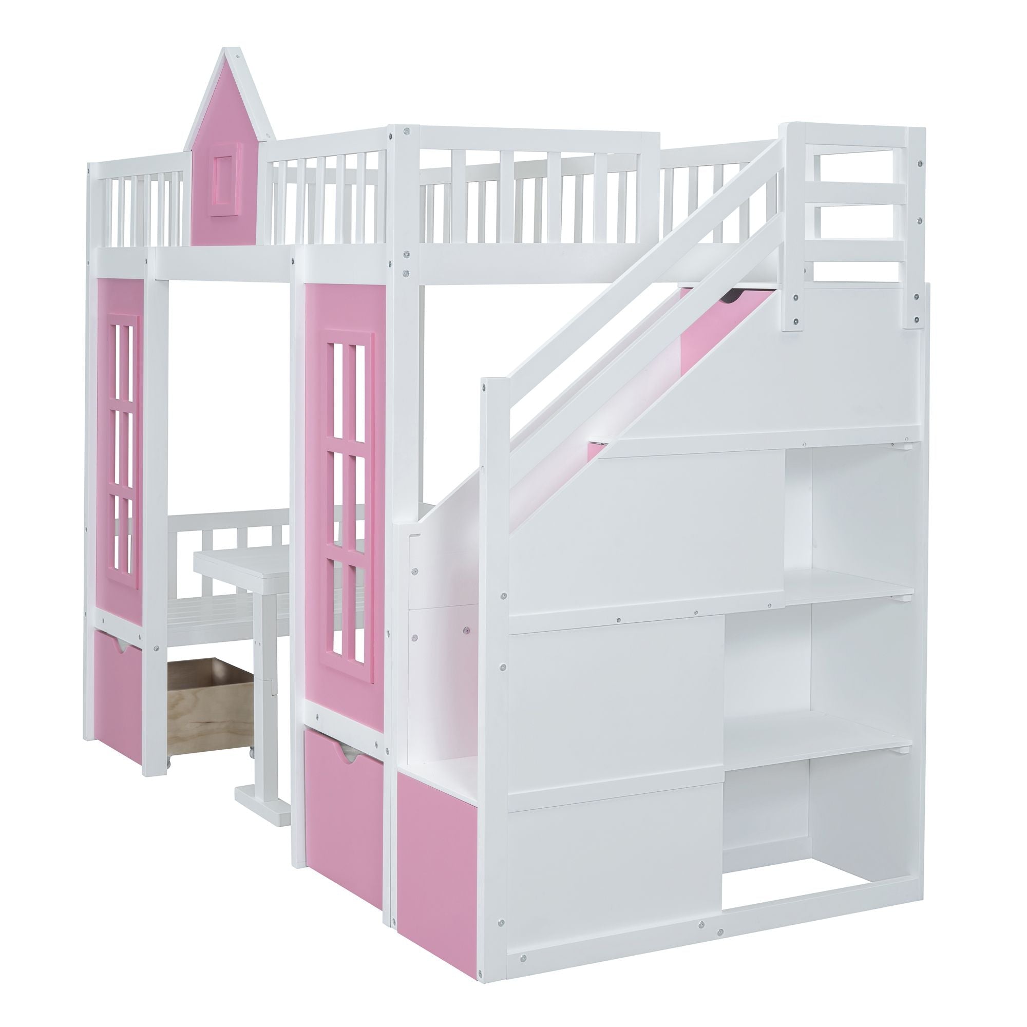 Space-Saving Twin Over Twin Wood Bunk Bed with Convertible Desk Pink Finish | Just Better Bunk Beds