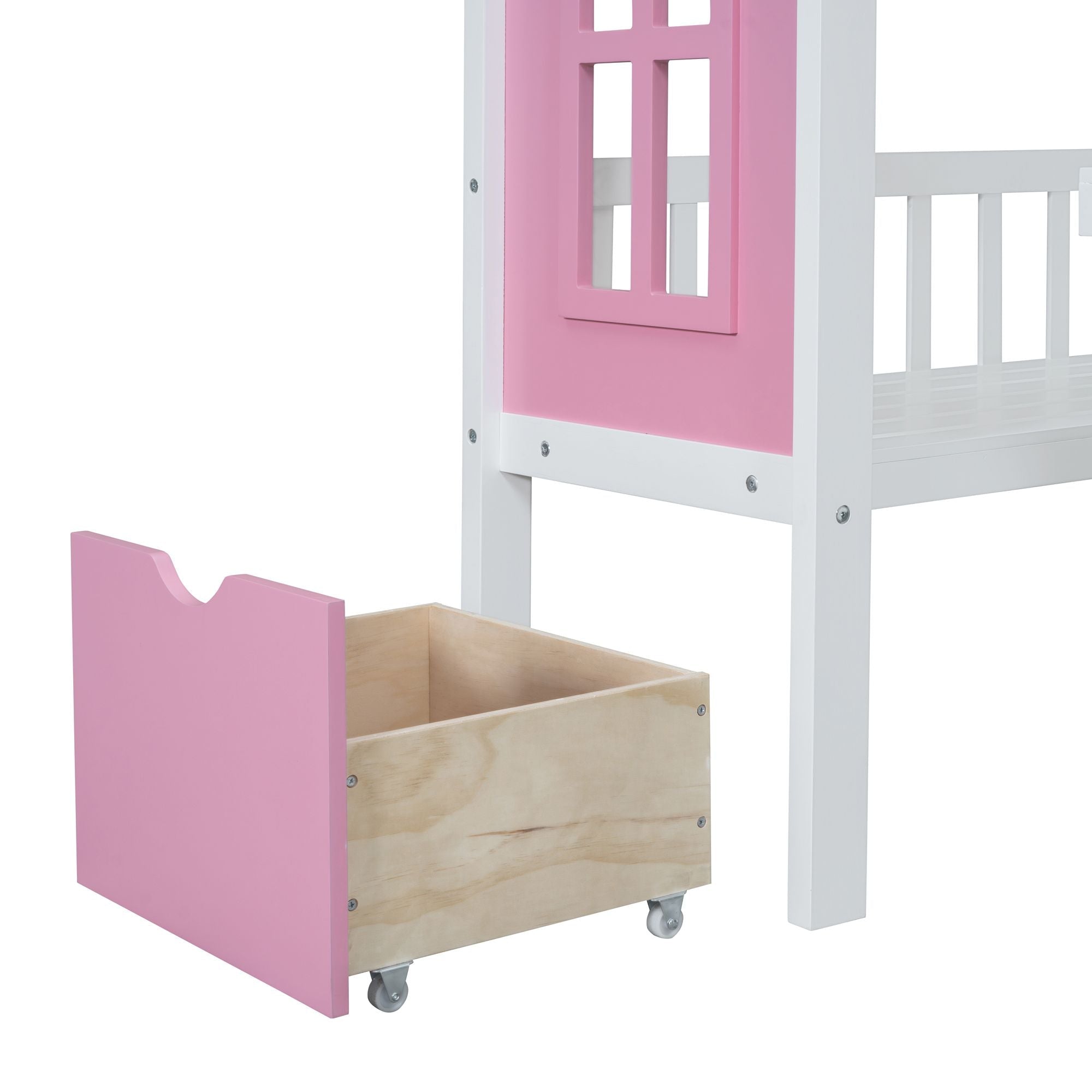 Space-Saving Twin Over Twin Wood Bunk Bed with Convertible Desk Pink Finish | Just Better Bunk Beds