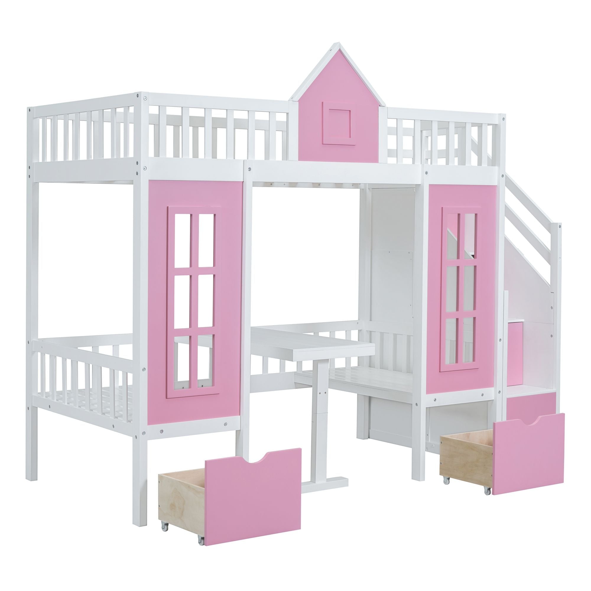 Space-Saving Twin Over Twin Wood Bunk Bed with Convertible Desk Pink Finish | Just Better Bunk Beds