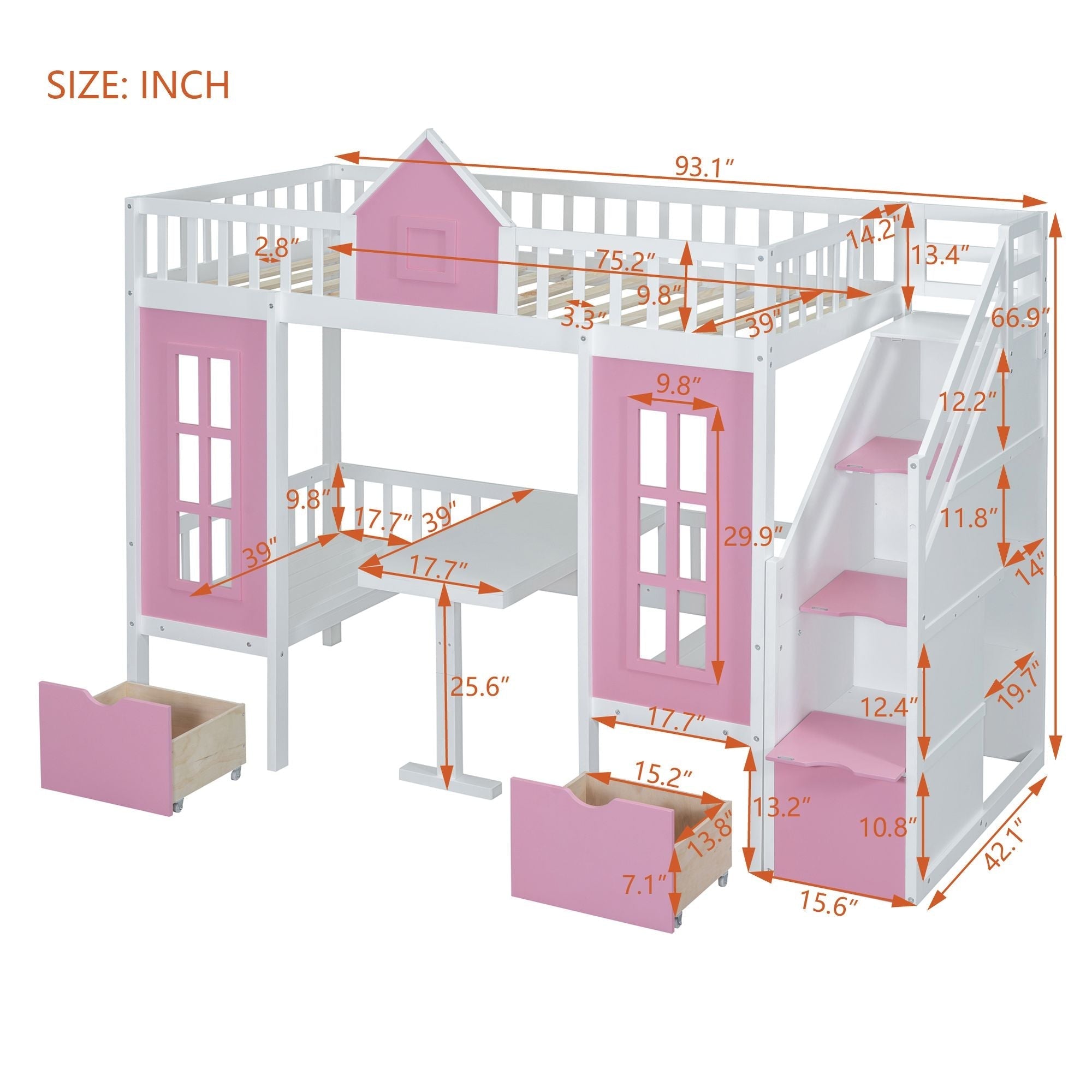 Space-Saving Twin Over Twin Wood Bunk Bed with Convertible Desk Pink Finish | Just Better Bunk Beds