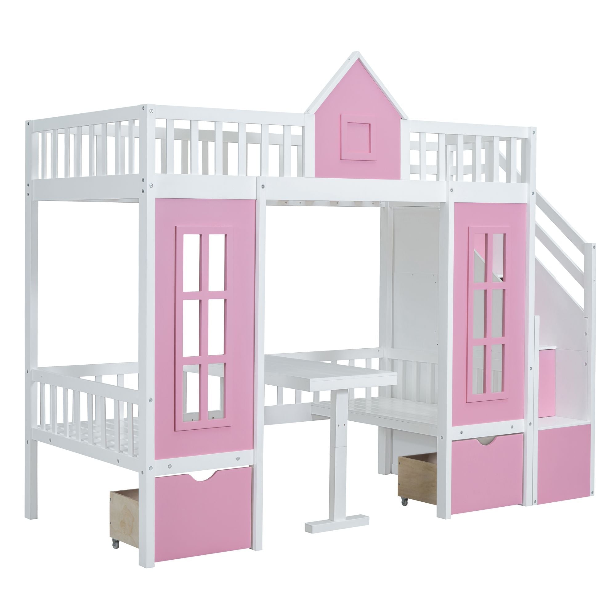 Space-Saving Twin Over Twin Wood Bunk Bed with Convertible Desk Pink Finish | Just Better Bunk Beds