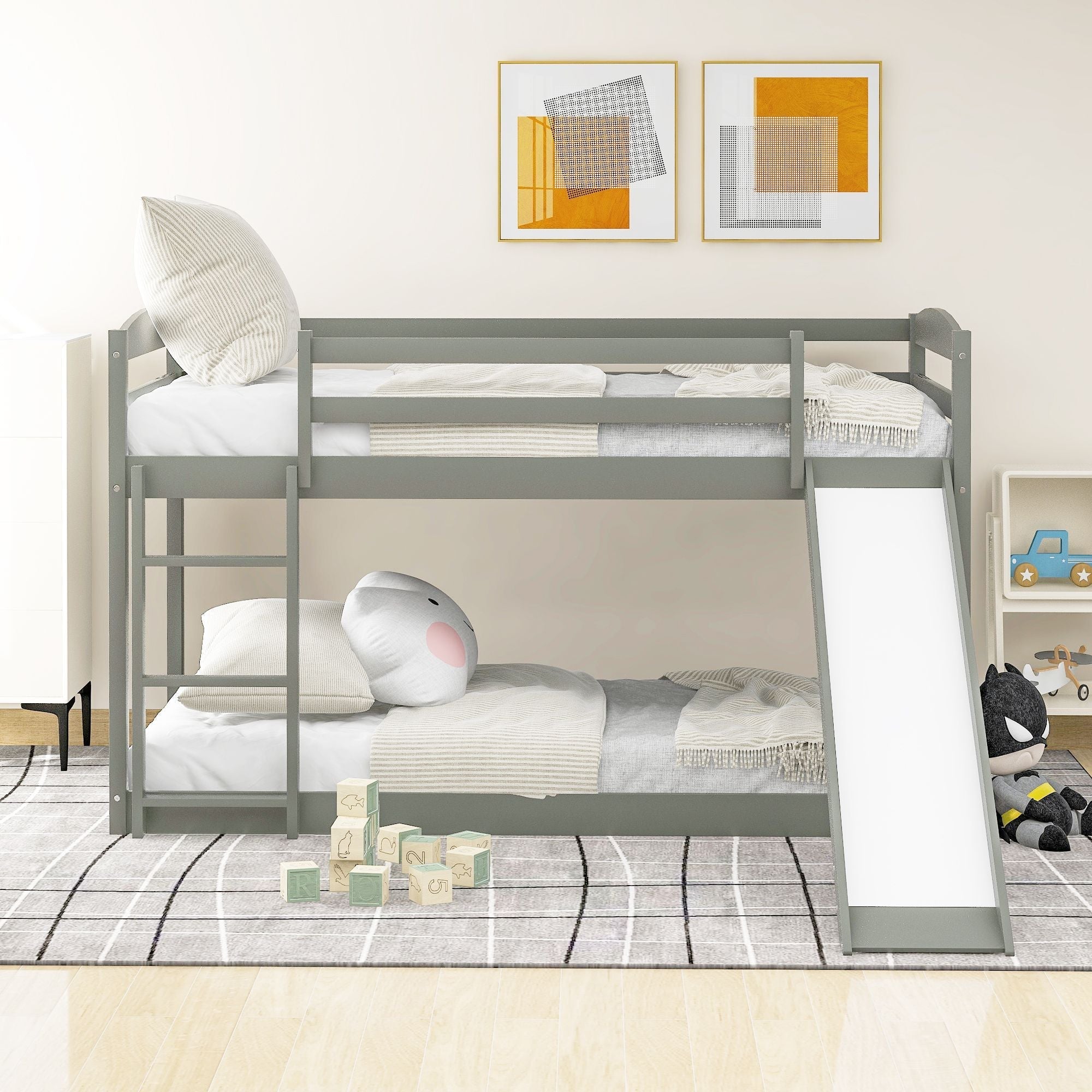 Space-Saving Twin Over Twin Wood Bunk Bed with Convertible Slide and Ladder in Gray | Just Better Bunk Beds