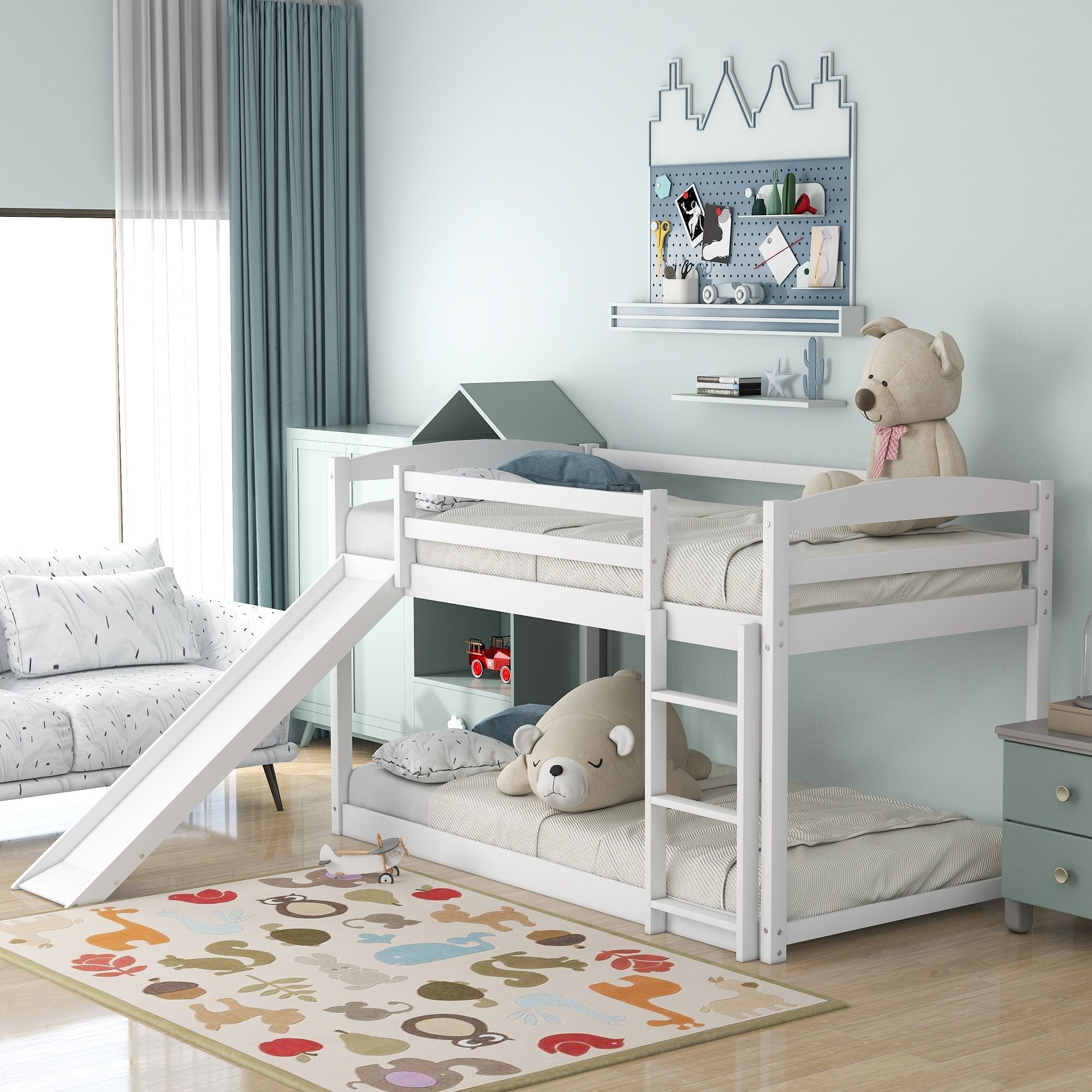 Space-Saving Twin Over Twin Wood Bunk Bed with Convertible Slide and Ladder in Gray | Just Better Bunk Beds