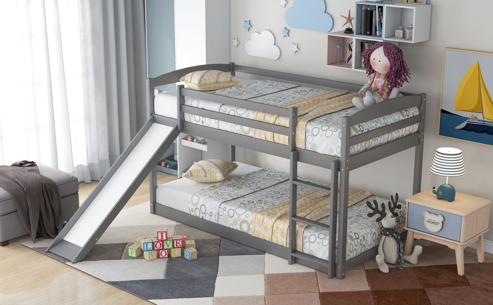 Space-Saving Twin Over Twin Wood Bunk Bed with Convertible Slide and Ladder in Gray | Just Better Bunk Beds