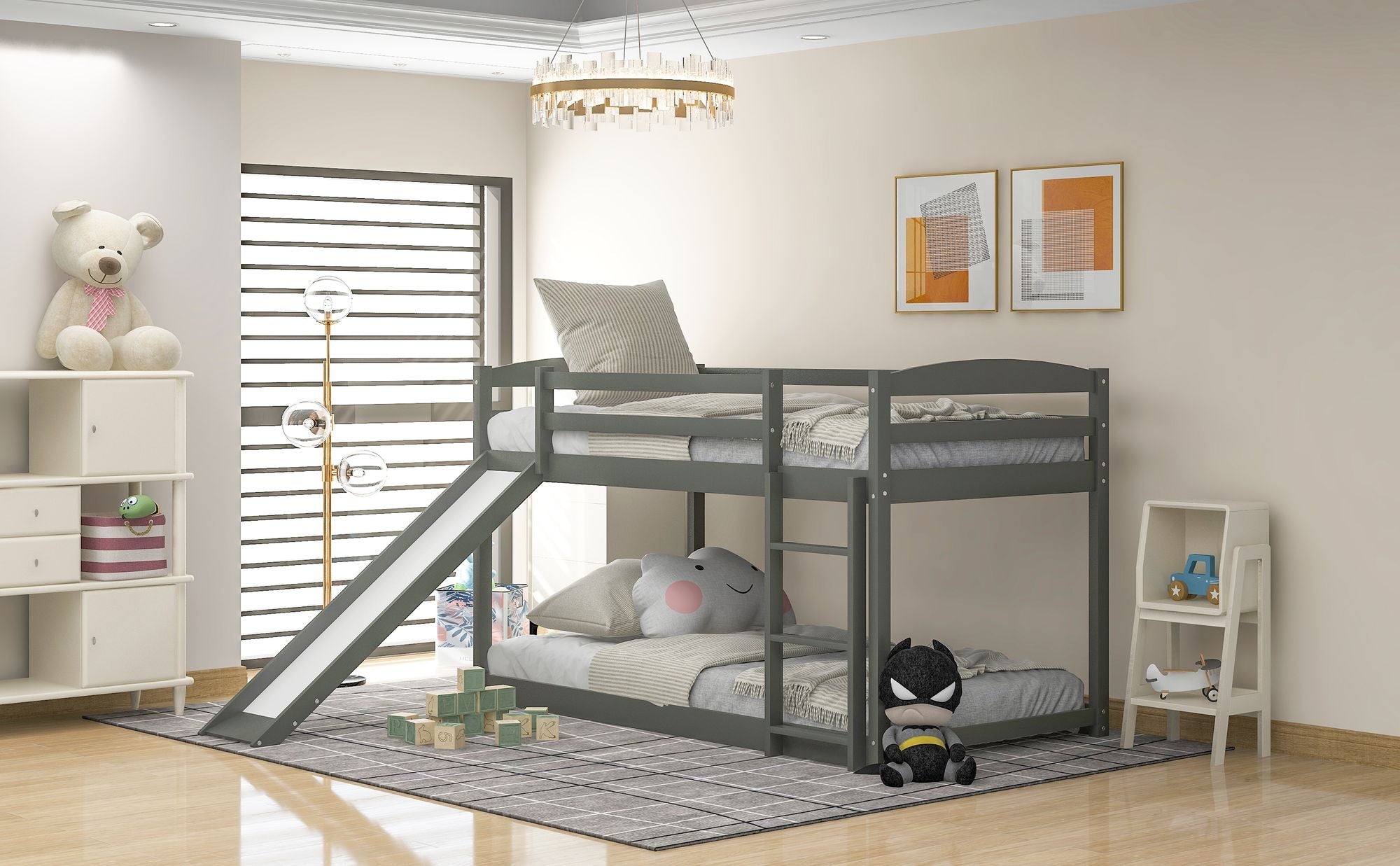 Space-Saving Twin Over Twin Wood Bunk Bed with Convertible Slide and Ladder in Gray | Just Better Bunk Beds