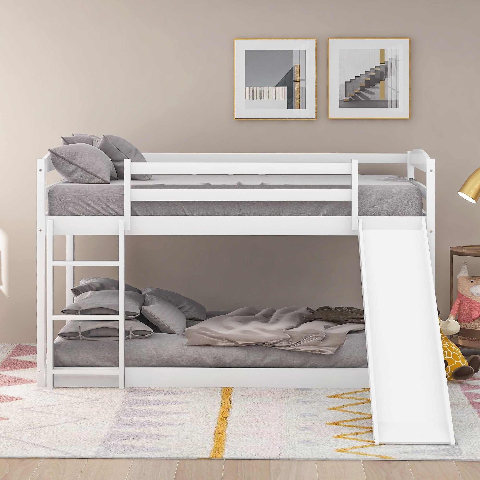 Space-Saving Twin Over Twin Wood Bunk Bed with Convertible Slide and Ladder in Gray | Just Better Bunk Beds