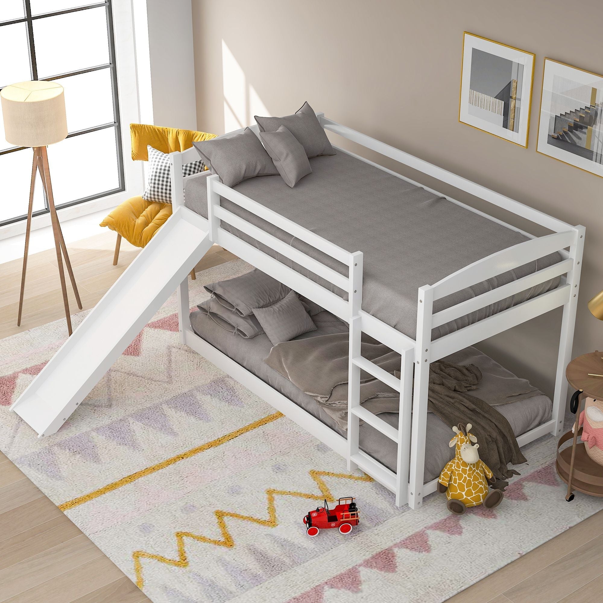 Space-Saving Twin Over Twin Wood Bunk Bed with Convertible Slide and Ladder in Gray | Just Better Bunk Beds