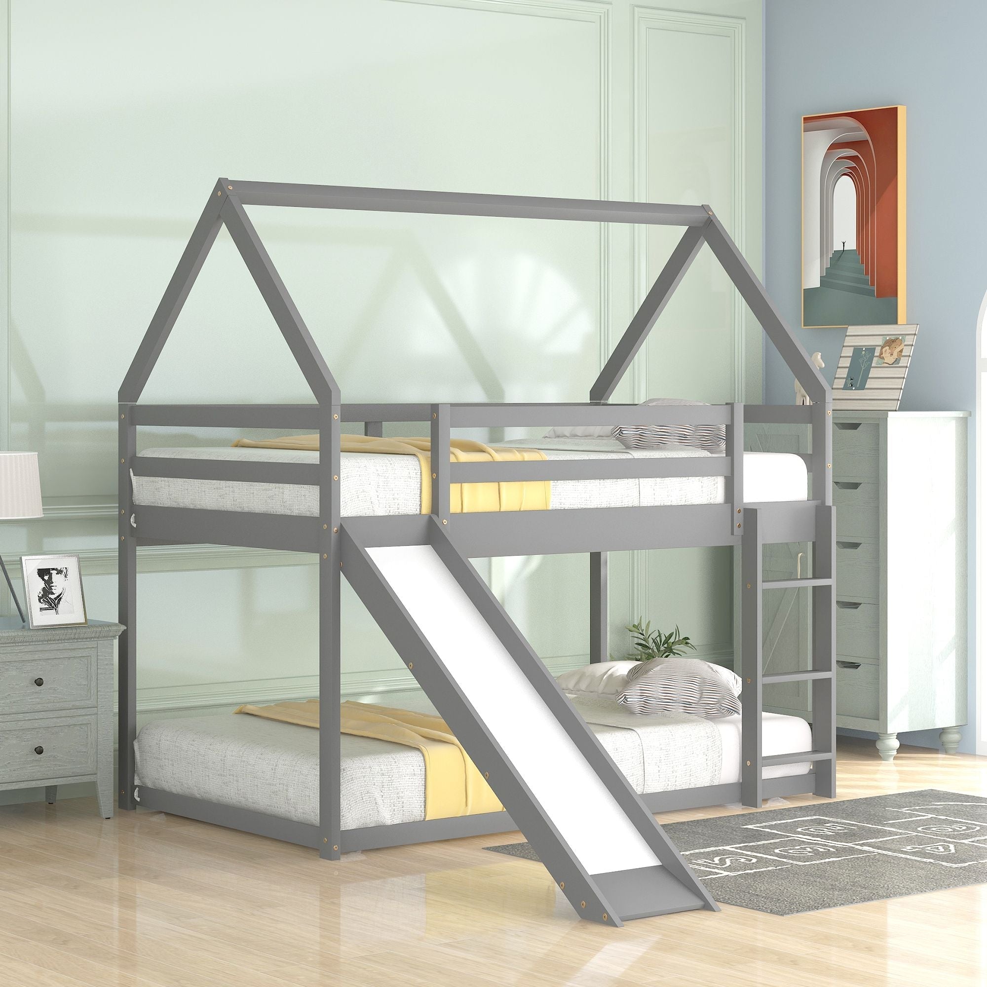 Space-Saving Twin Over Twin Wood Bunk Bed with Slide and Ladder, White or Gray | Just Better Bunk Beds