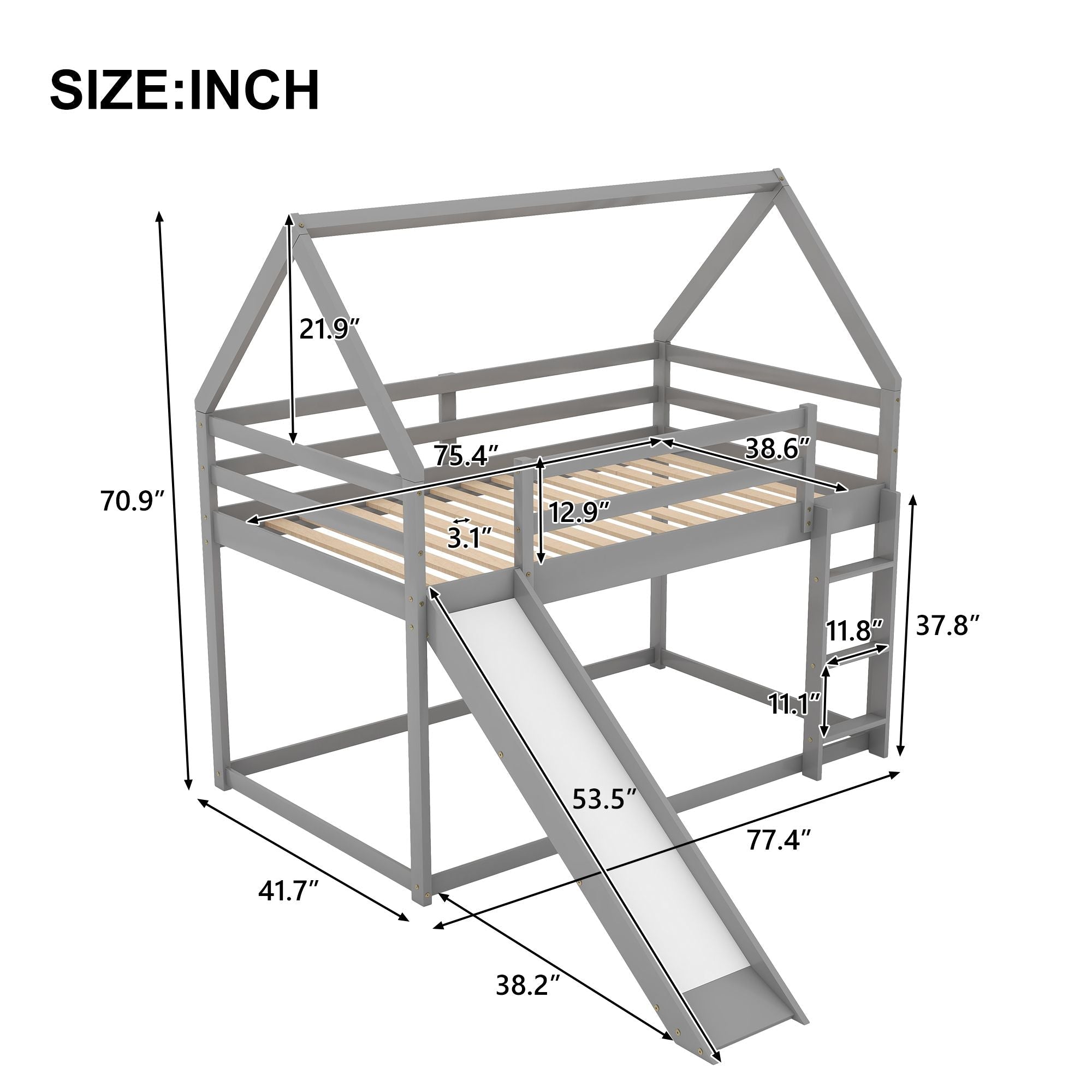 Space-Saving Twin Over Twin Wood Bunk Bed with Slide and Ladder, White or Gray | Just Better Bunk Beds