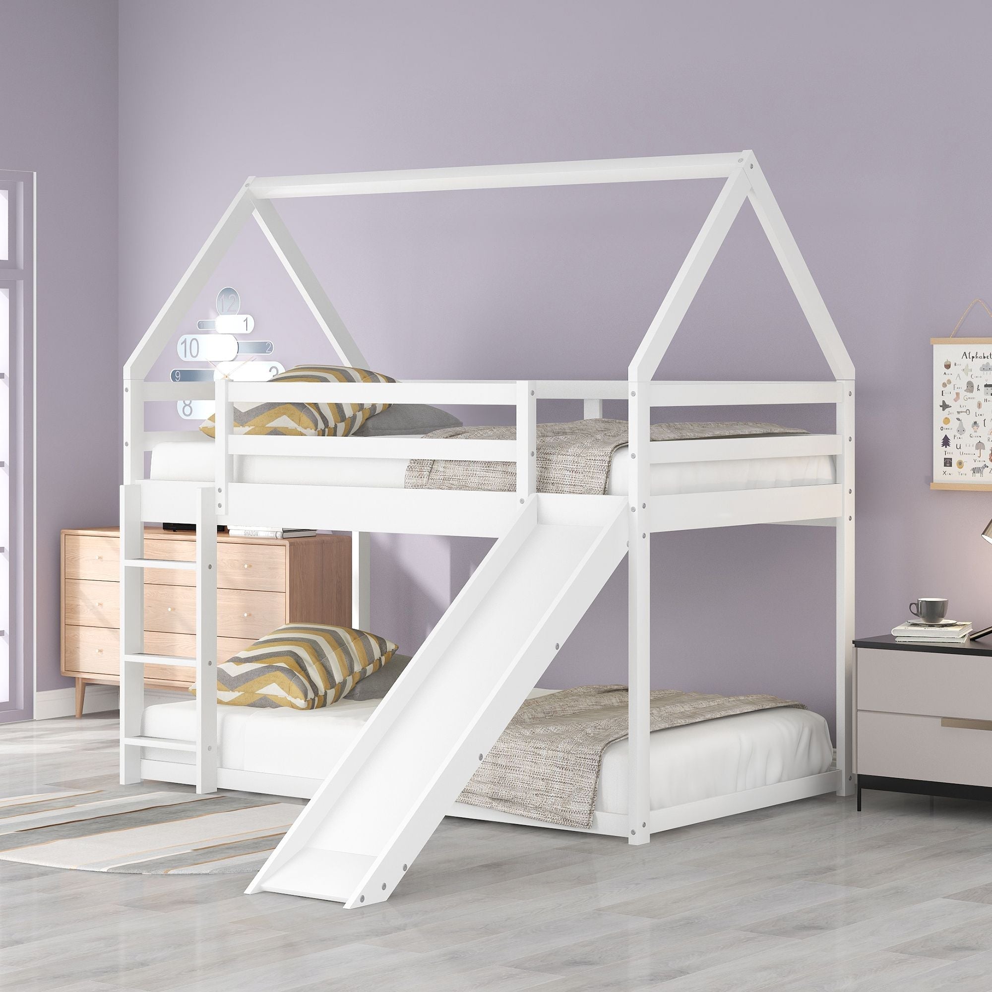 Space-Saving Twin Over Twin Wood Bunk Bed with Slide and Ladder, White or Gray | Just Better Bunk Beds