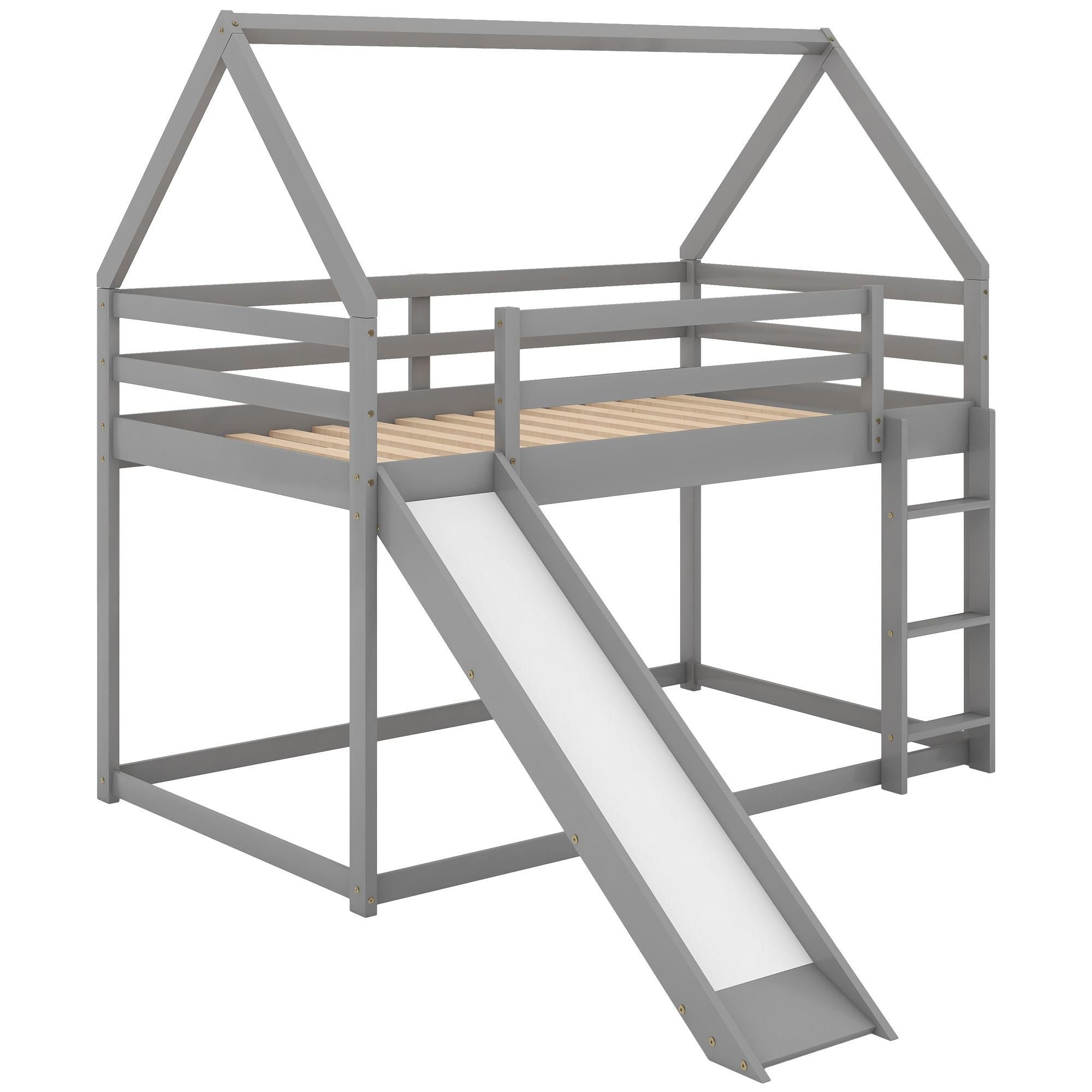Space-Saving Twin Over Twin Wood Bunk Bed with Slide and Ladder, White or Gray | Just Better Bunk Beds