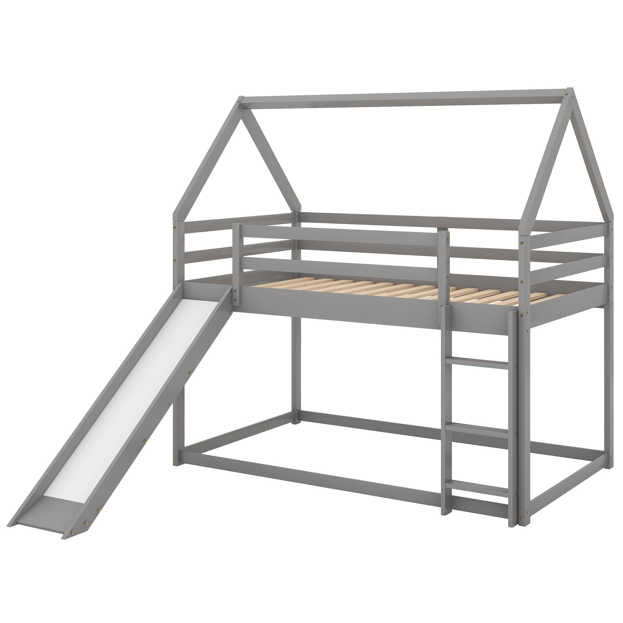 Space-Saving Twin Over Twin Wood Bunk Bed with Slide and Ladder, White or Gray | Just Better Bunk Beds